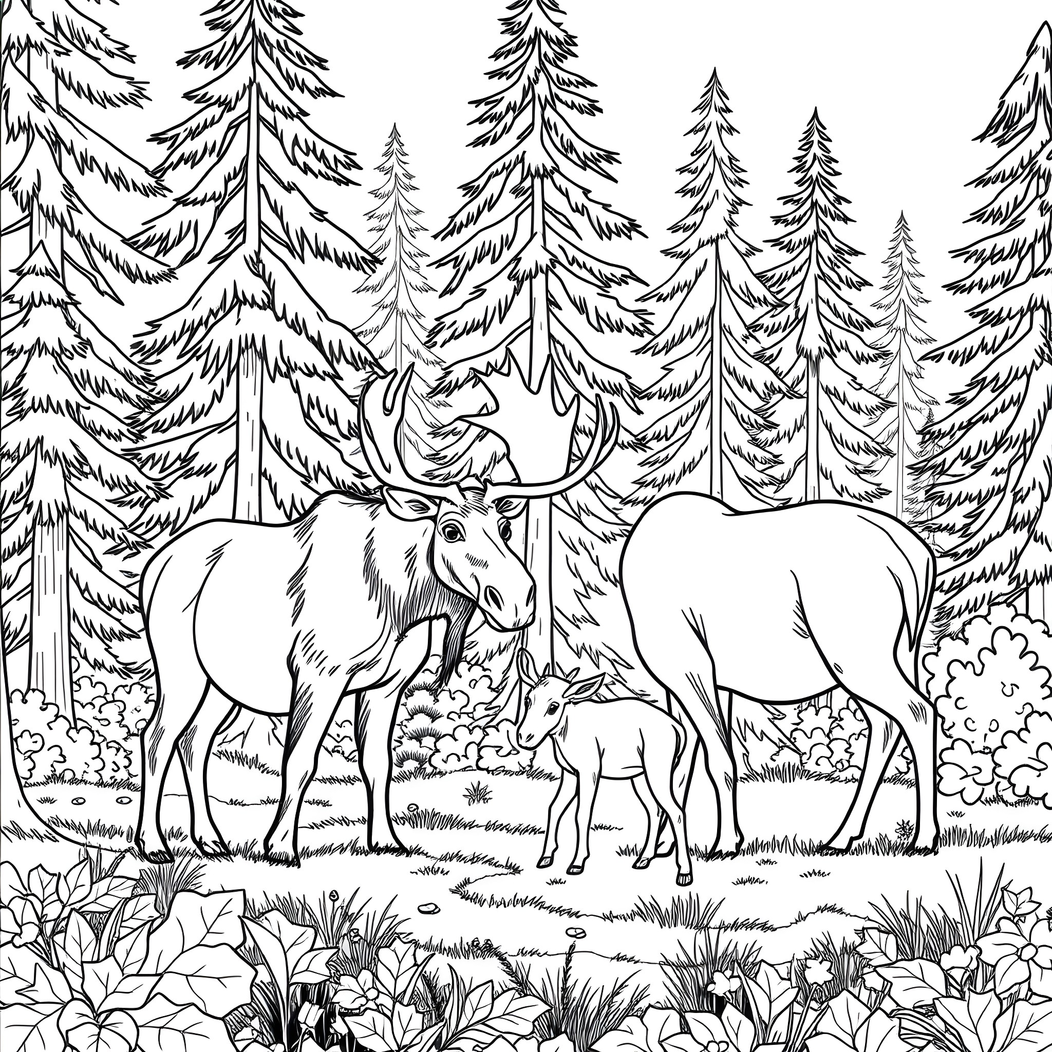 Moose family strolling through the snowy forest Coloring Page (free black-and-white line drawing printable PDF for all, from beginners to advanced learners, including children, teens, adults, and seniors)