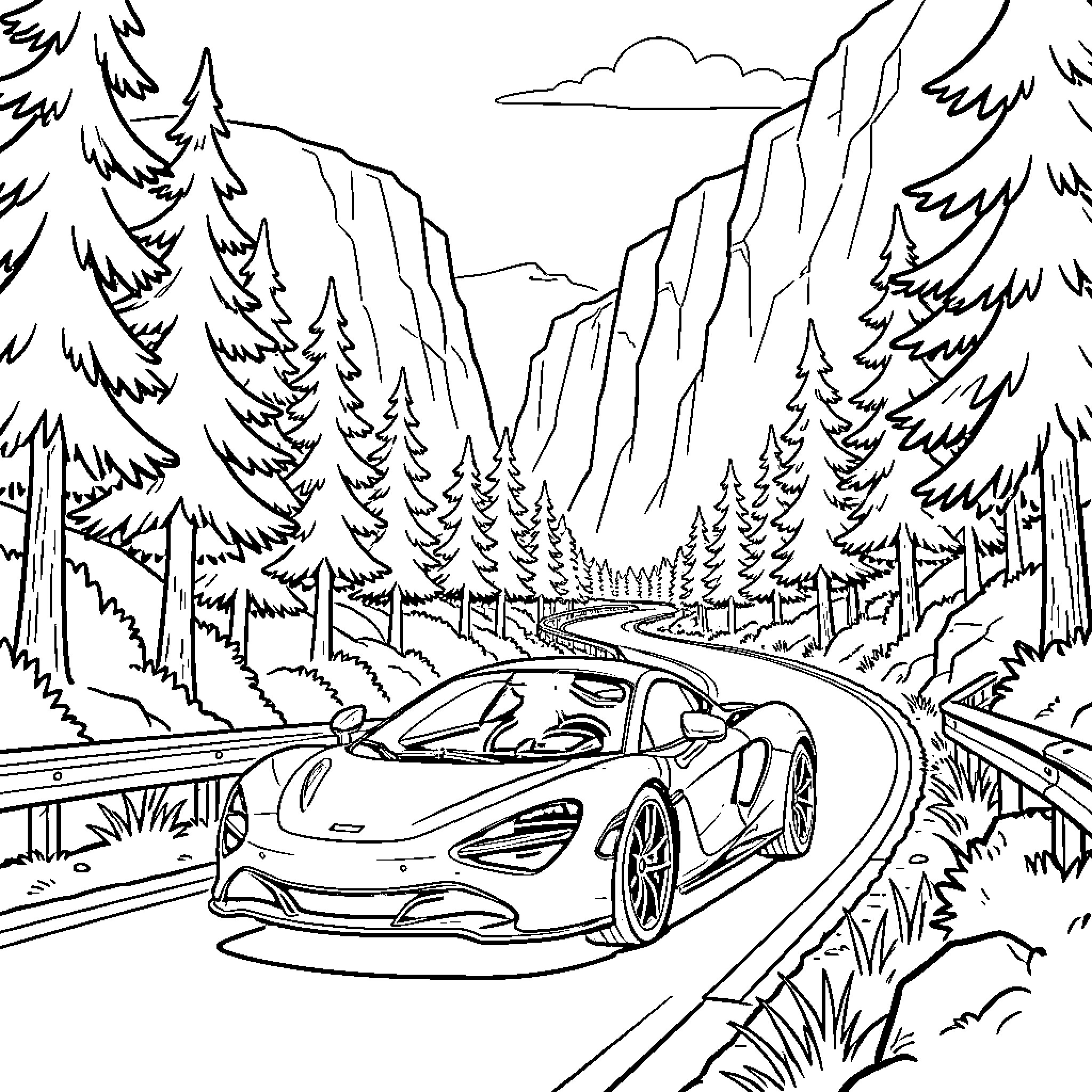 McLaren driving along a winding mountain road Coloring Page (free black-and-white line drawing printable PDF for all, from beginners to advanced learners, including children, teens, adults, and seniors)