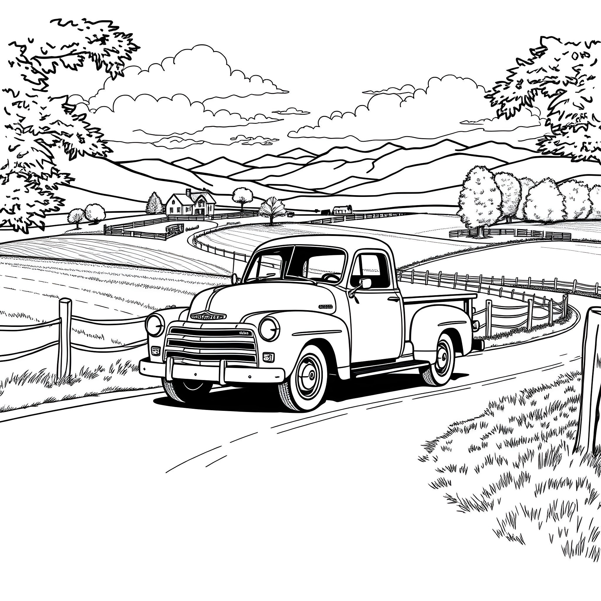 Truck driving through scenic countryside landscape Coloring Page (free black-and-white line drawing printable PDF for all, from beginners to advanced learners, including children, teens, adults, and seniors)