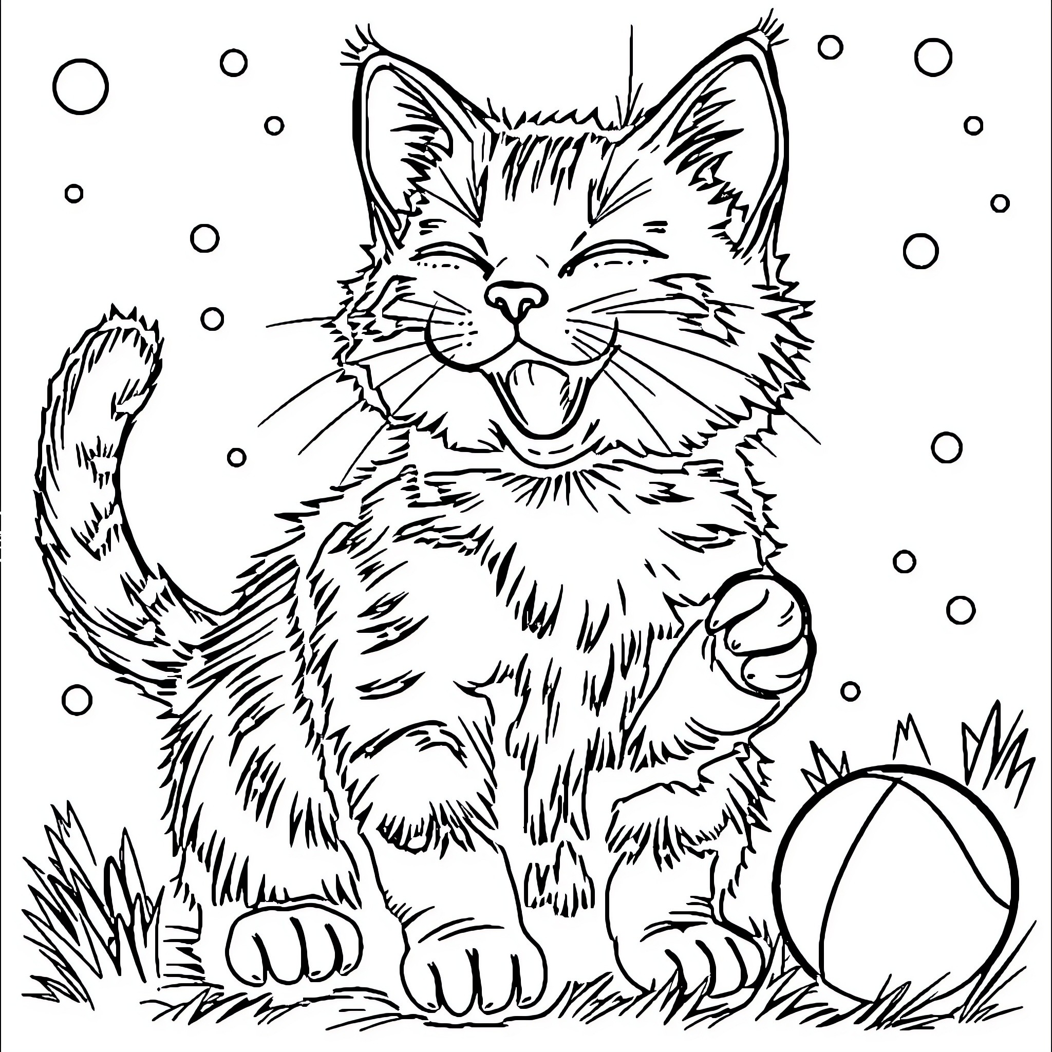 Chat with a happy cat playing in the snow Coloring Page (free black-and-white line drawing printable PDF for all, from beginners to advanced learners, including children, teens, adults, and seniors)