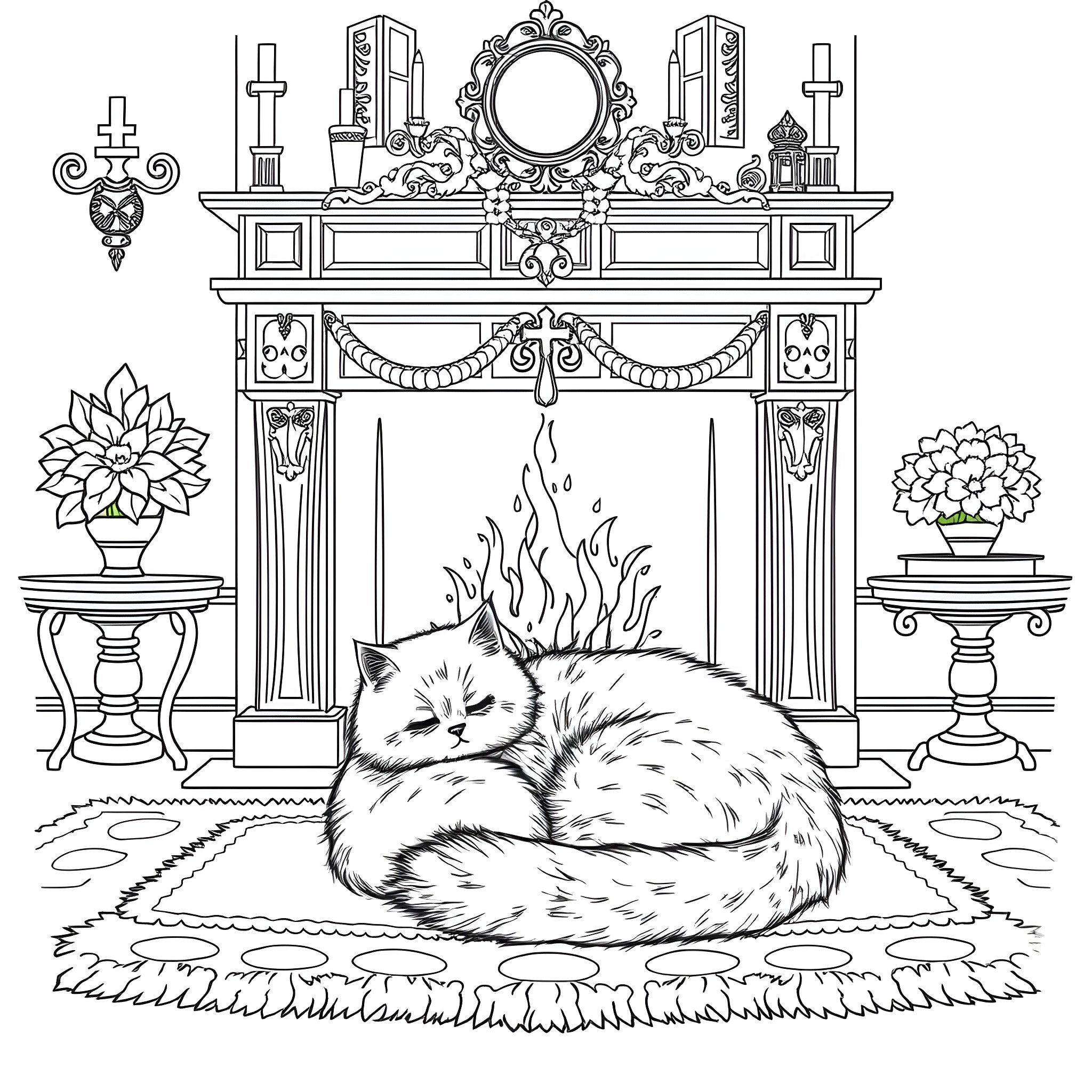 Cat resting peacefully by the fireplace Coloring Page (free black-and-white line drawing printable PDF for all, from beginners to advanced learners, including children, teens, adults, and seniors)