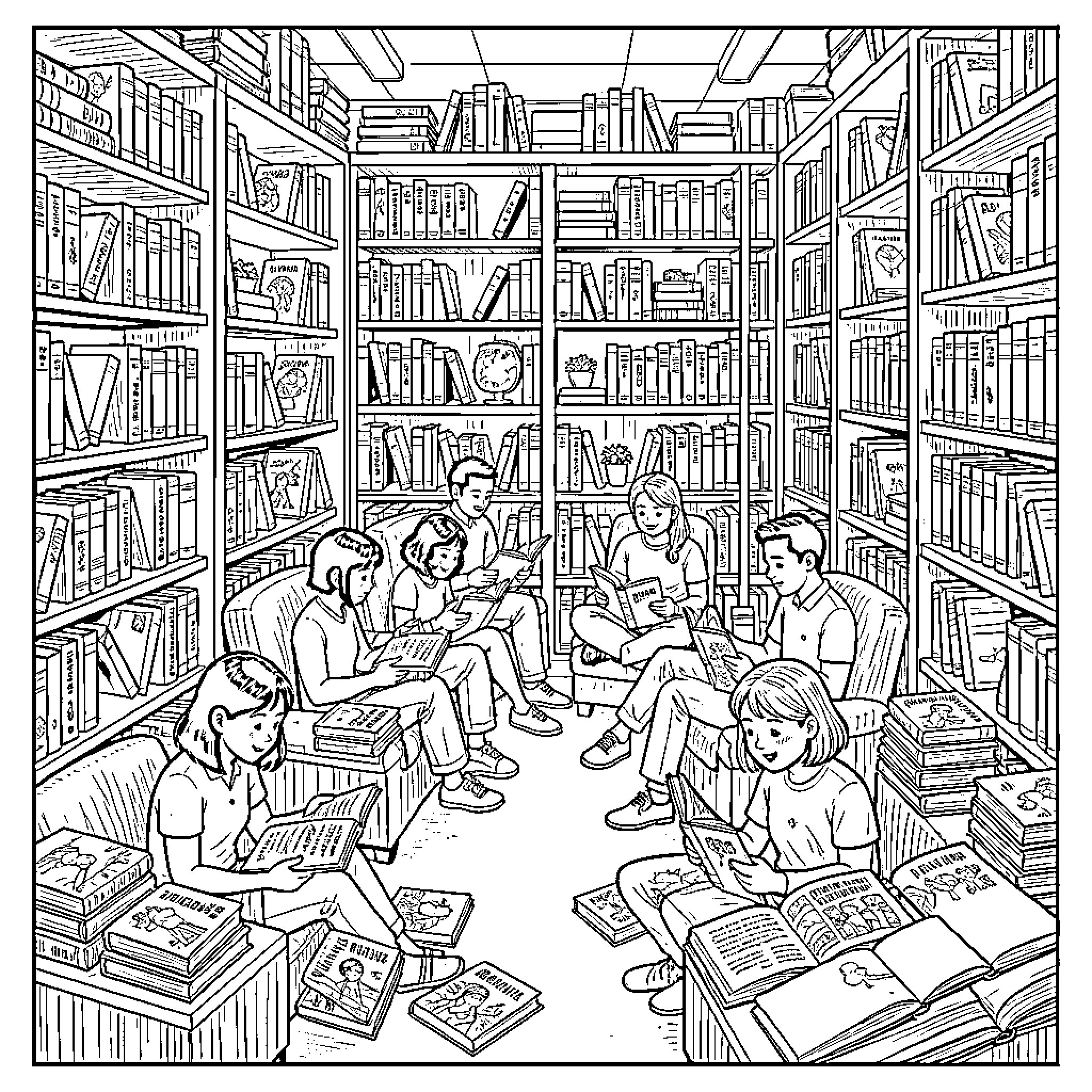 Library setting with people reading books together Coloring Page (free black-and-white line drawing printable PDF for all, from beginners to advanced learners, including children, teens, adults, and seniors)