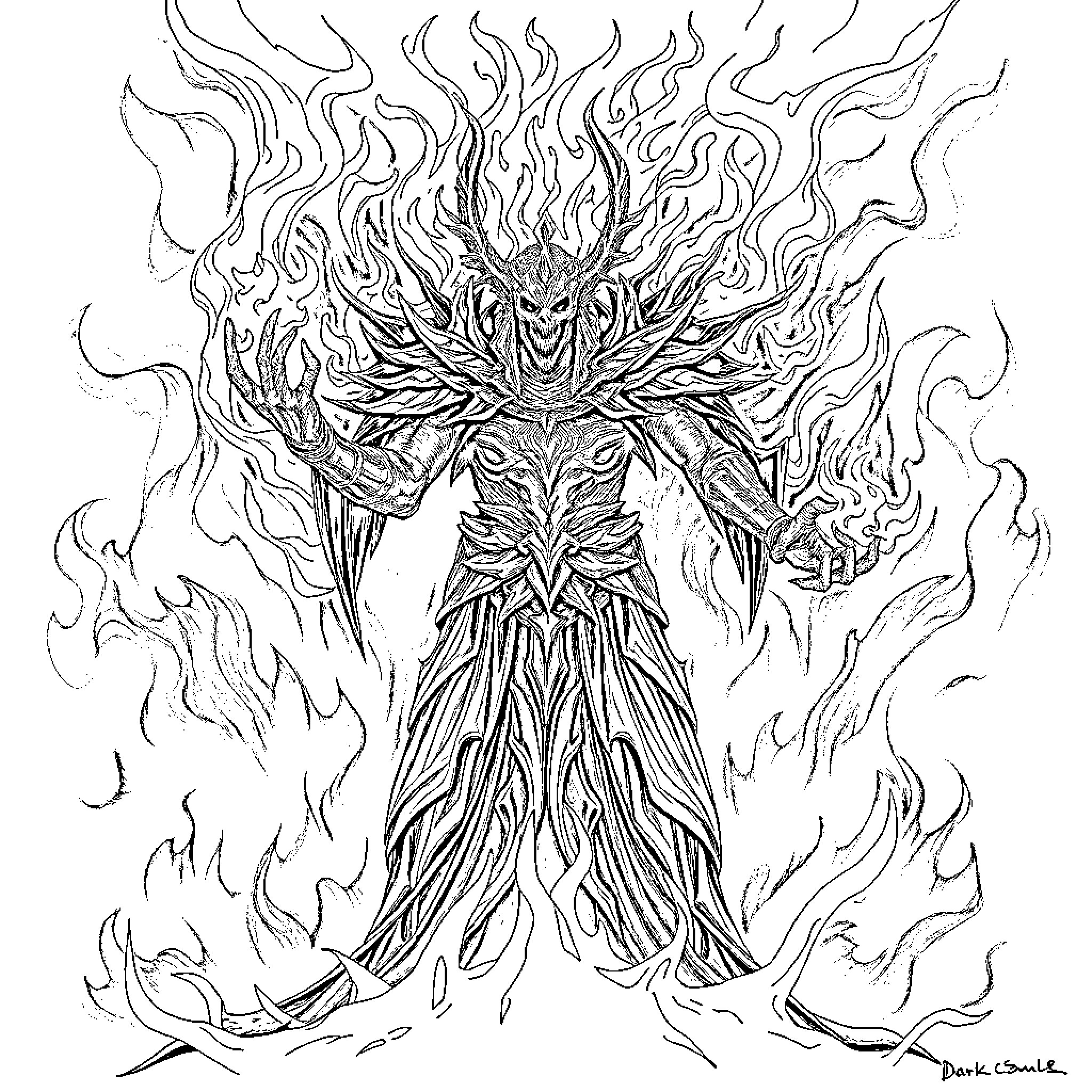 Soul of the Fiery Inferno Coloring Page (free black-and-white line drawing printable PDF for all, from beginners to advanced learners, including children, teens, adults, and seniors)