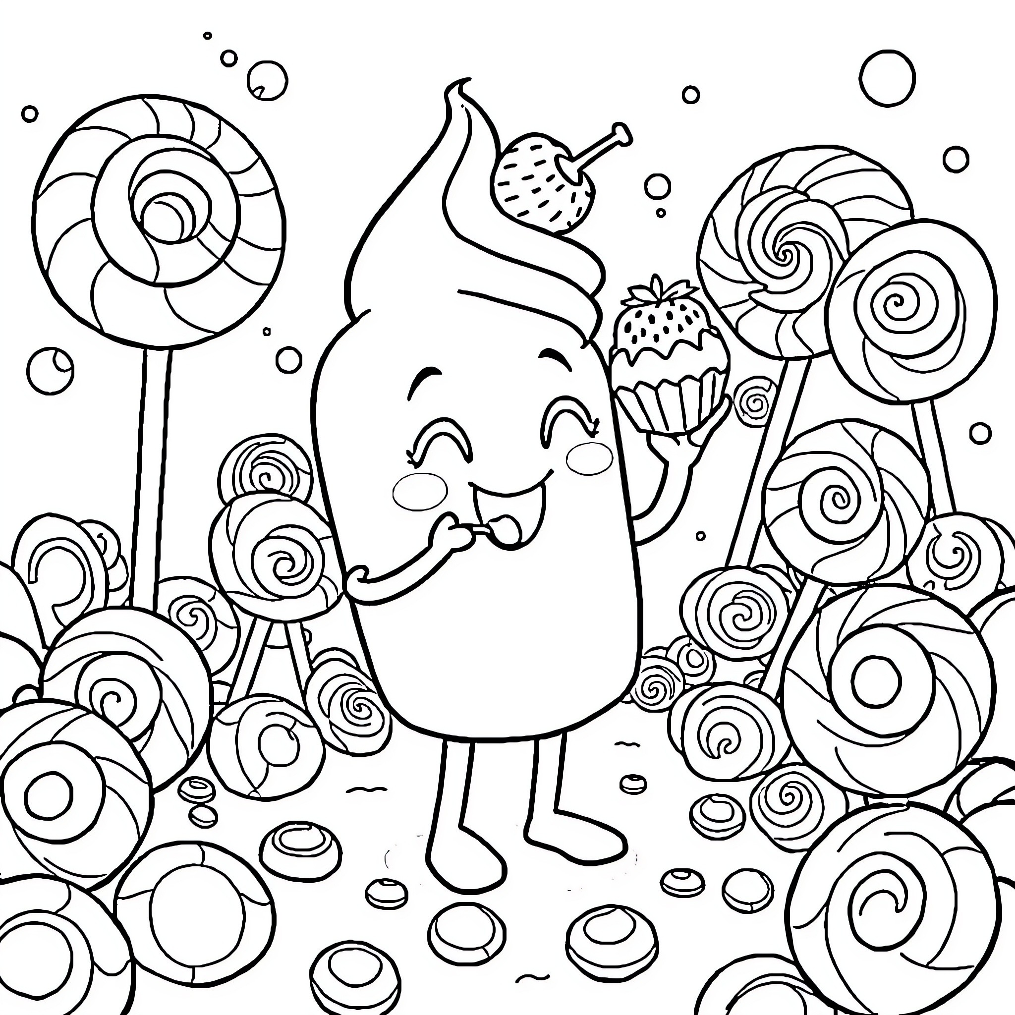 Ice Cream Sweets and Candies Delight Coloring Page (free black-and-white line drawing printable PDF for all, from beginners to advanced learners, including children, teens, adults, and seniors)