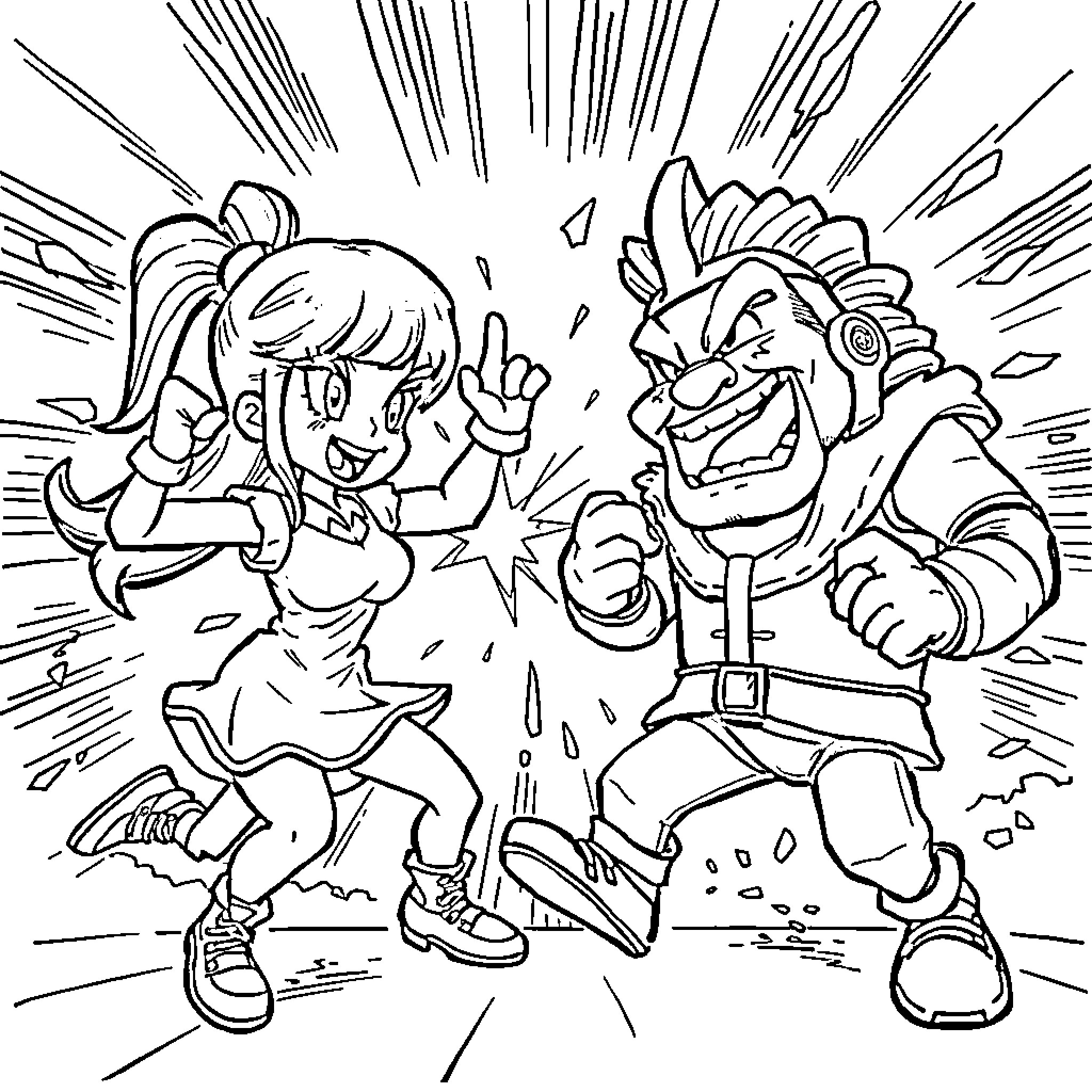 Mascot characters in comical fight scene Coloring Page (free black-and-white line drawing printable PDF for all, from beginners to advanced learners, including children, teens, adults, and seniors)