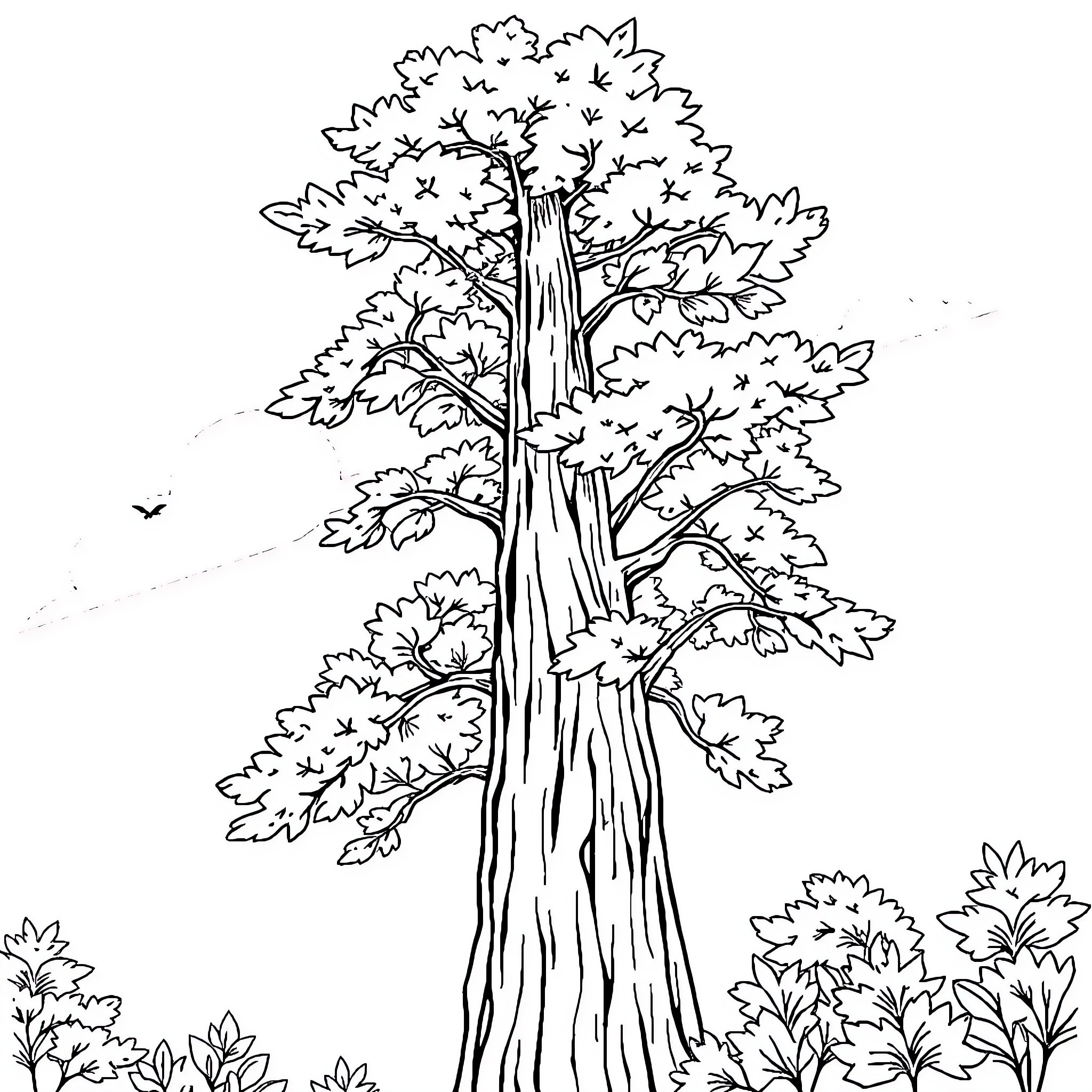 Tree with Abundant Foliage in Serene Landscape Coloring Page (free black-and-white line drawing printable PDF for all, from beginners to advanced learners, including children, teens, adults, and seniors)