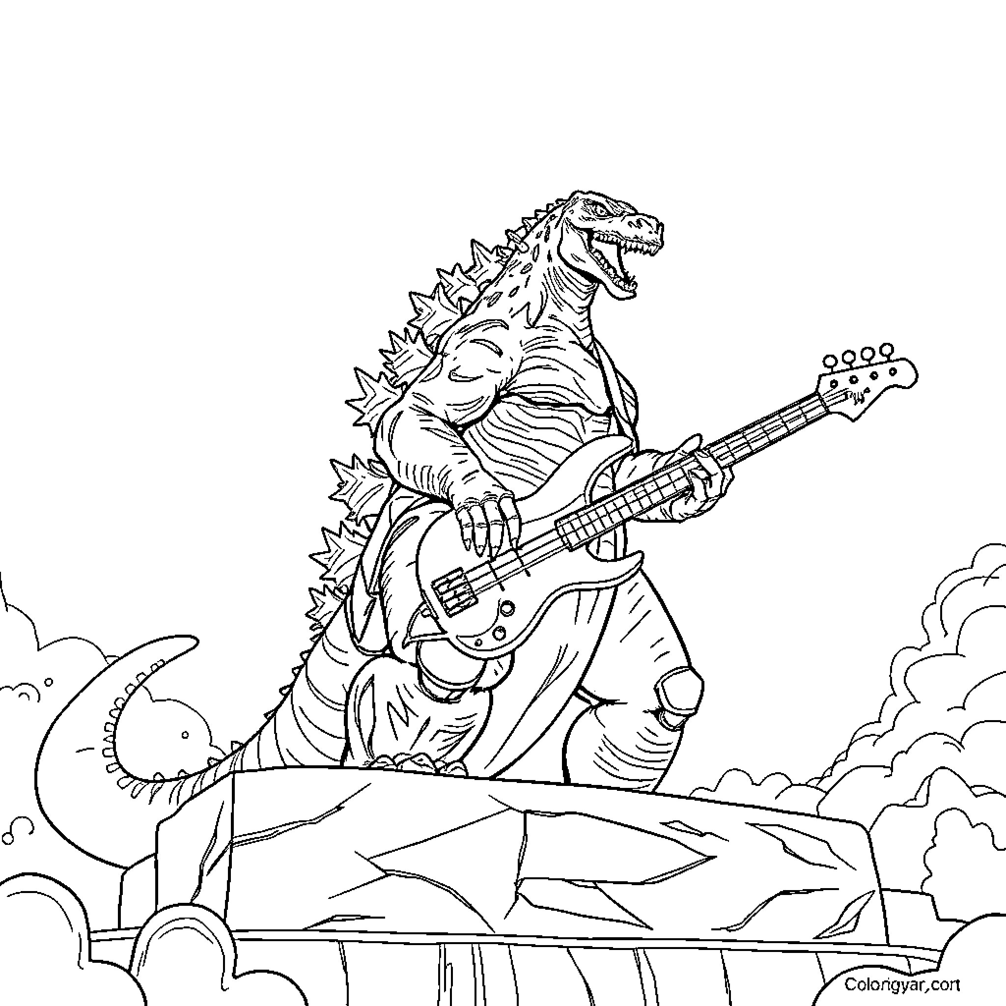Godzilla Plays Heavy Metal Guitar in the Wilderness Coloring Page (free black-and-white line drawing printable PDF for all, from beginners to advanced learners, including children, teens, adults, and seniors)