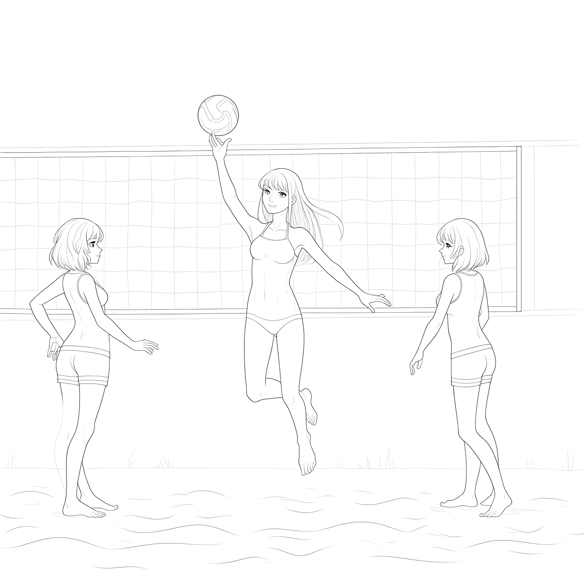 Demon Slayer Girls Playing Volleyball Coloring Page (free black-and-white line drawing printable PDF for all, from beginners to advanced learners, including children, teens, adults, and seniors)