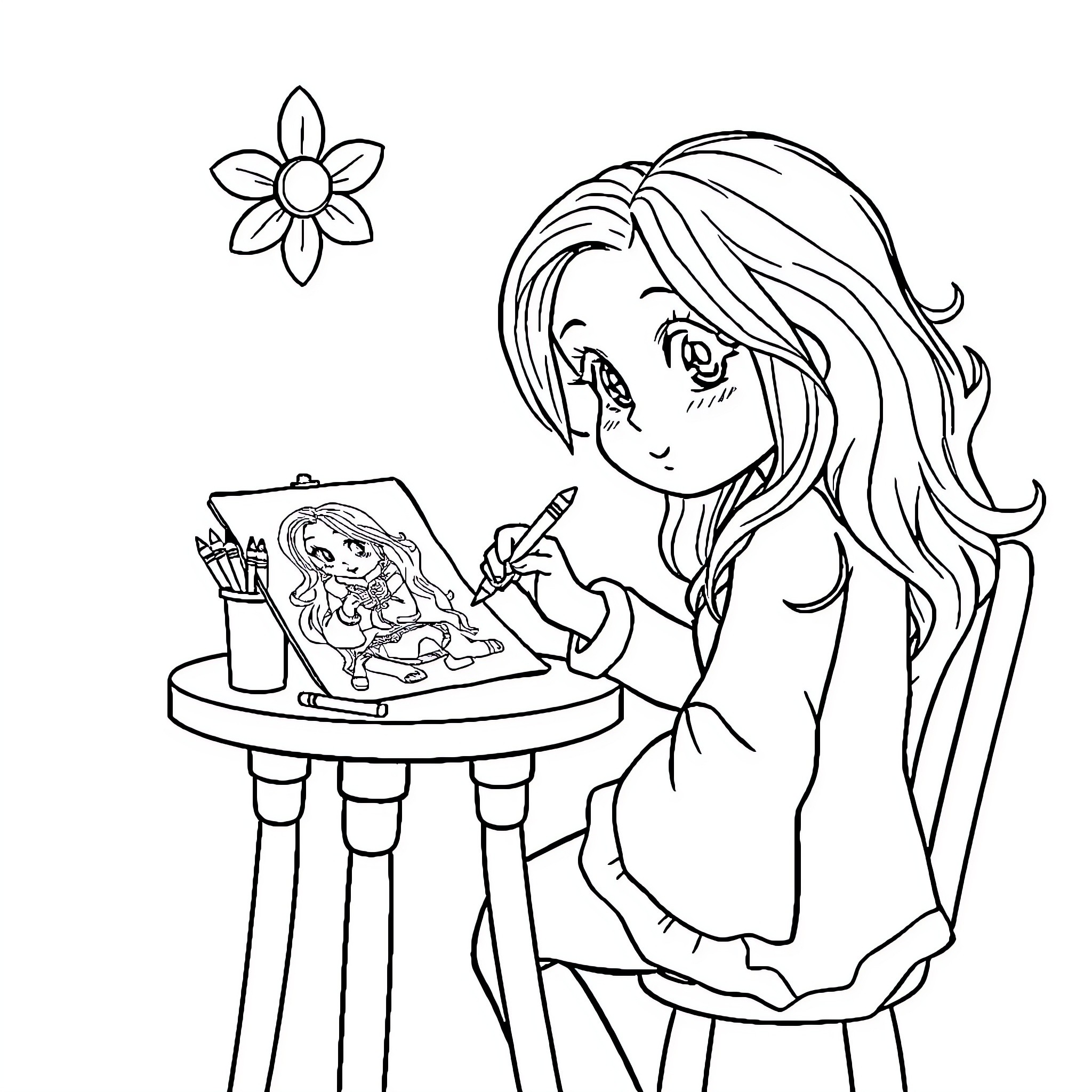 Pomni Young Artist Sketching Whimsical Doll Coloring Page (free black-and-white line drawing printable PDF for all, from beginners to advanced learners, including children, teens, adults, and seniors)