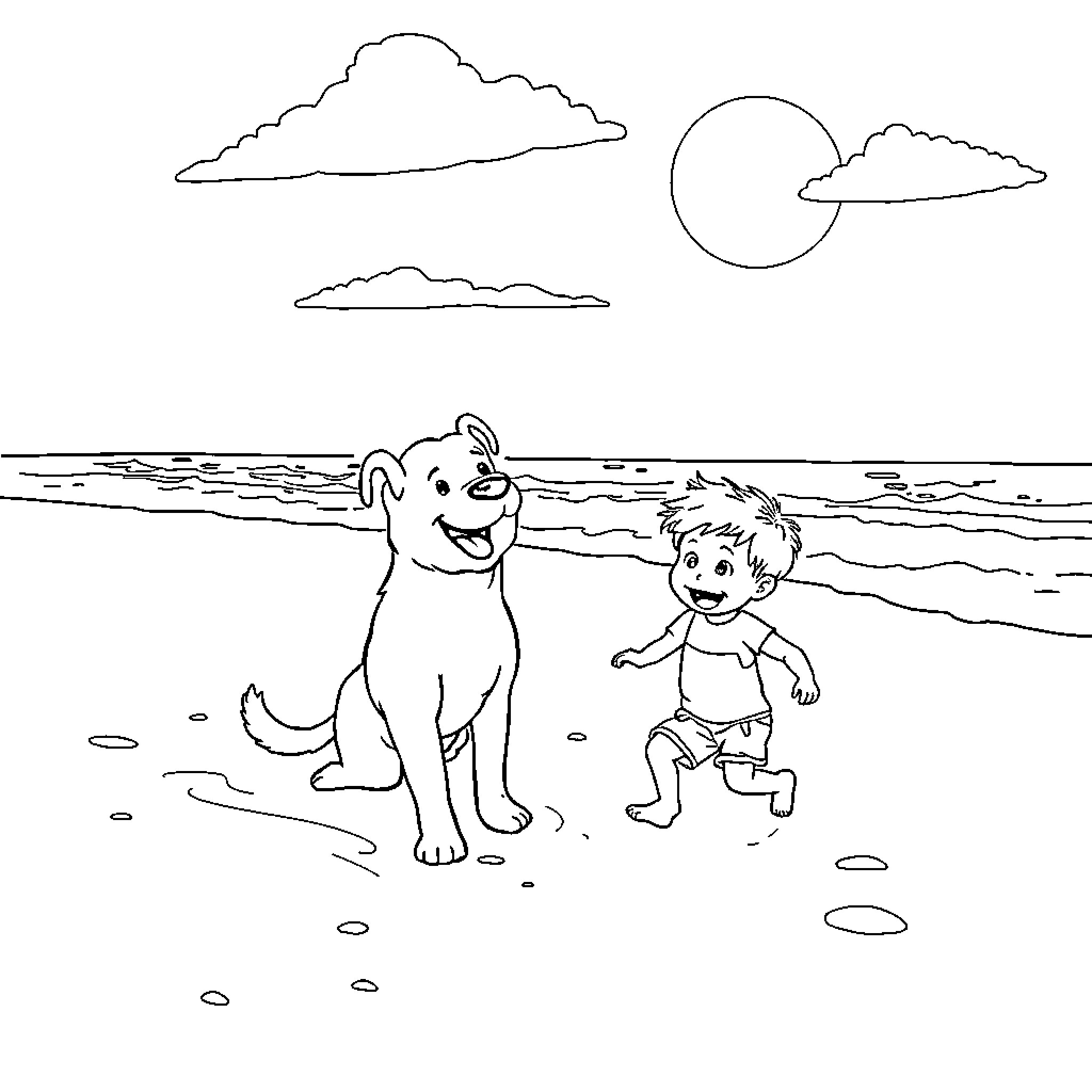Puppy and child playing happily on the beach Coloring Page (free black-and-white line drawing printable PDF for all, from beginners to advanced learners, including children, teens, adults, and seniors)