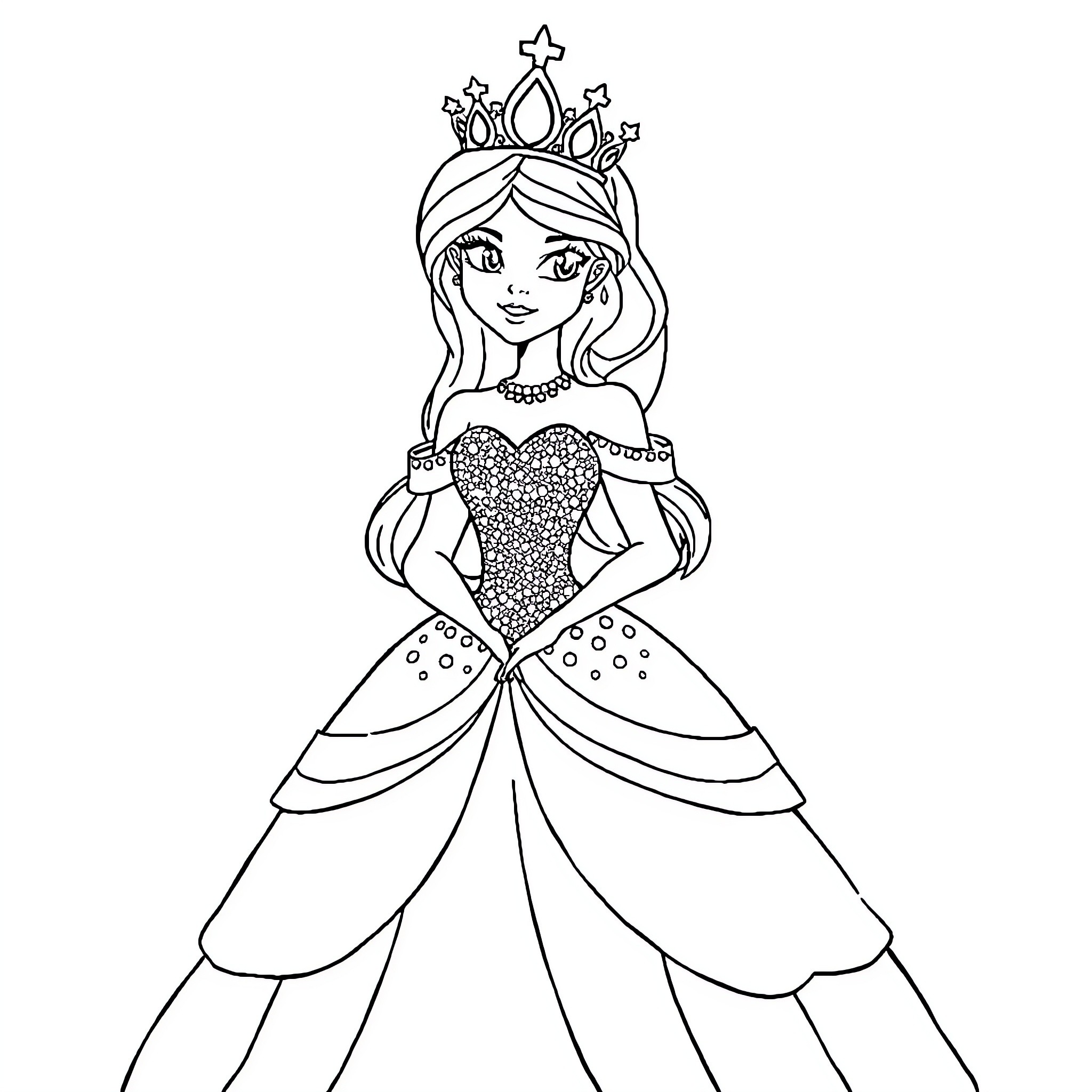 Princess in Sparkling Gown and Crown Coloring Page (free black-and-white line drawing printable PDF for all, from beginners to advanced learners, including children, teens, adults, and seniors)