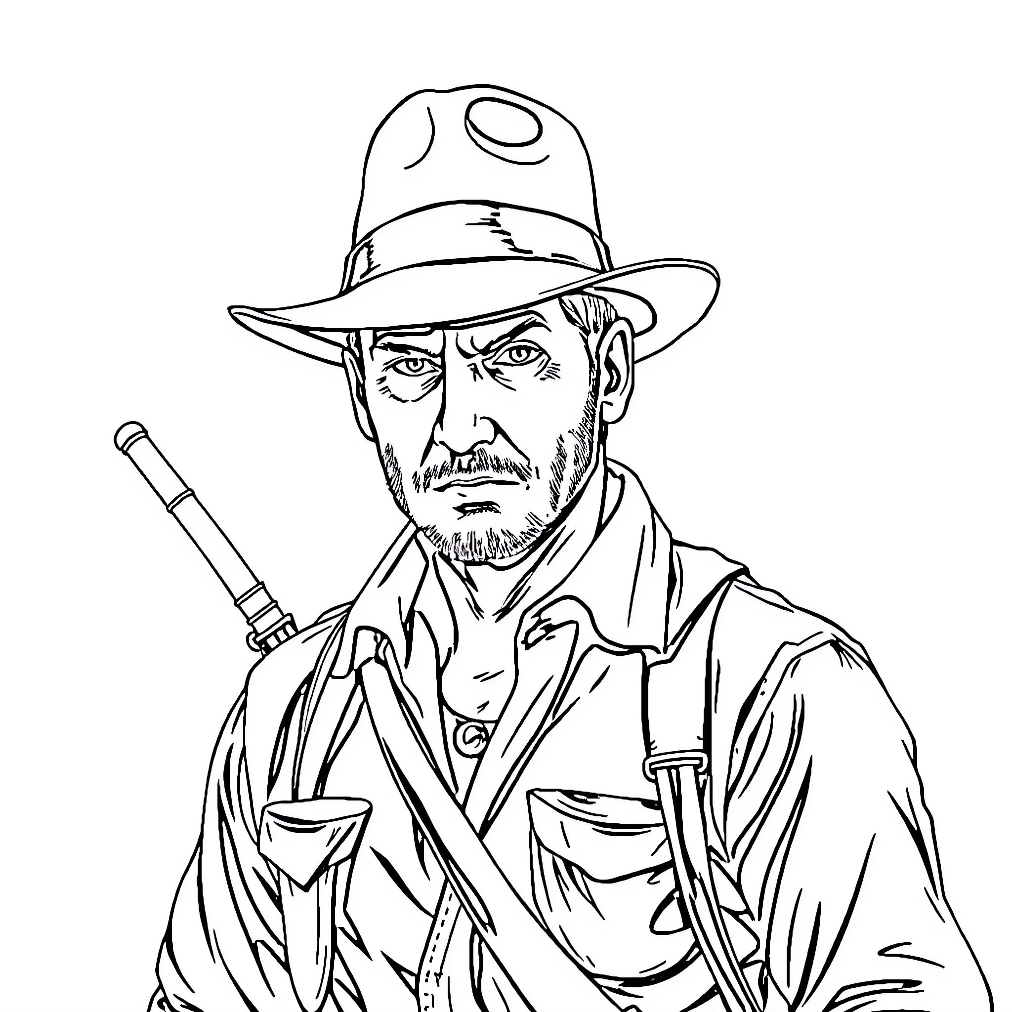 Indiana Jones Adventuring in Familiar Attire Coloring Page (free black-and-white line drawing printable PDF for all, from beginners to advanced learners, including children, teens, adults, and seniors)