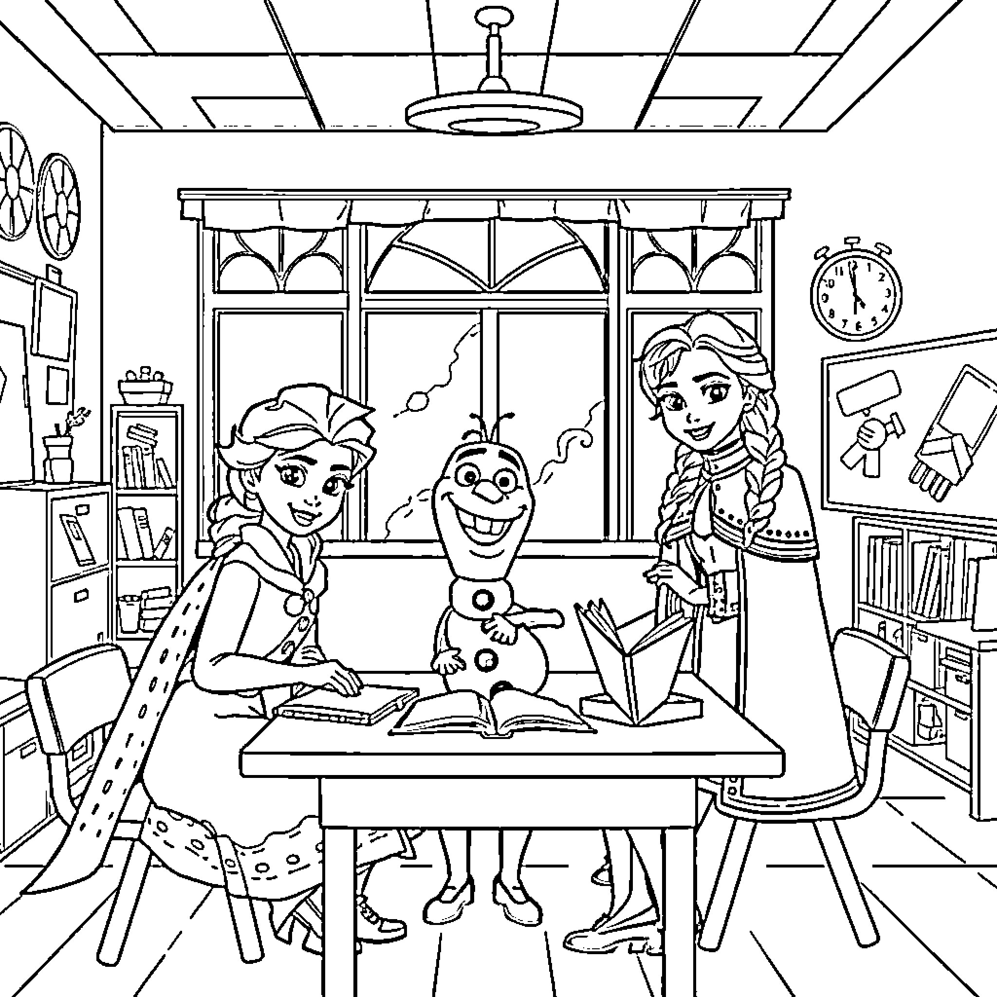 Elsa and friends creating winter wonderland in the classroom Coloring Page (free black-and-white line drawing printable PDF for all, from beginners to advanced learners, including children, teens, adults, and seniors)