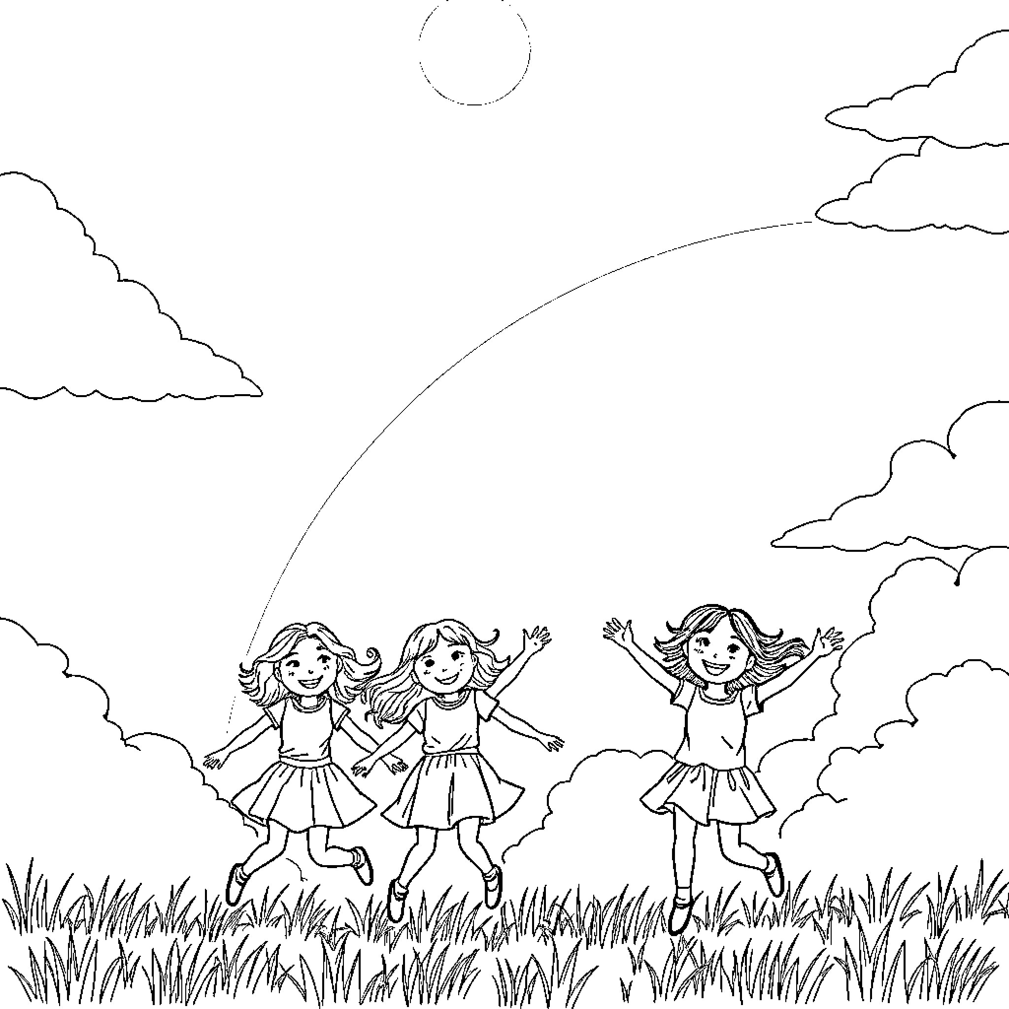 Girls dancing happily in the field Coloring Page (free black-and-white line drawing printable PDF for all, from beginners to advanced learners, including children, teens, adults, and seniors)