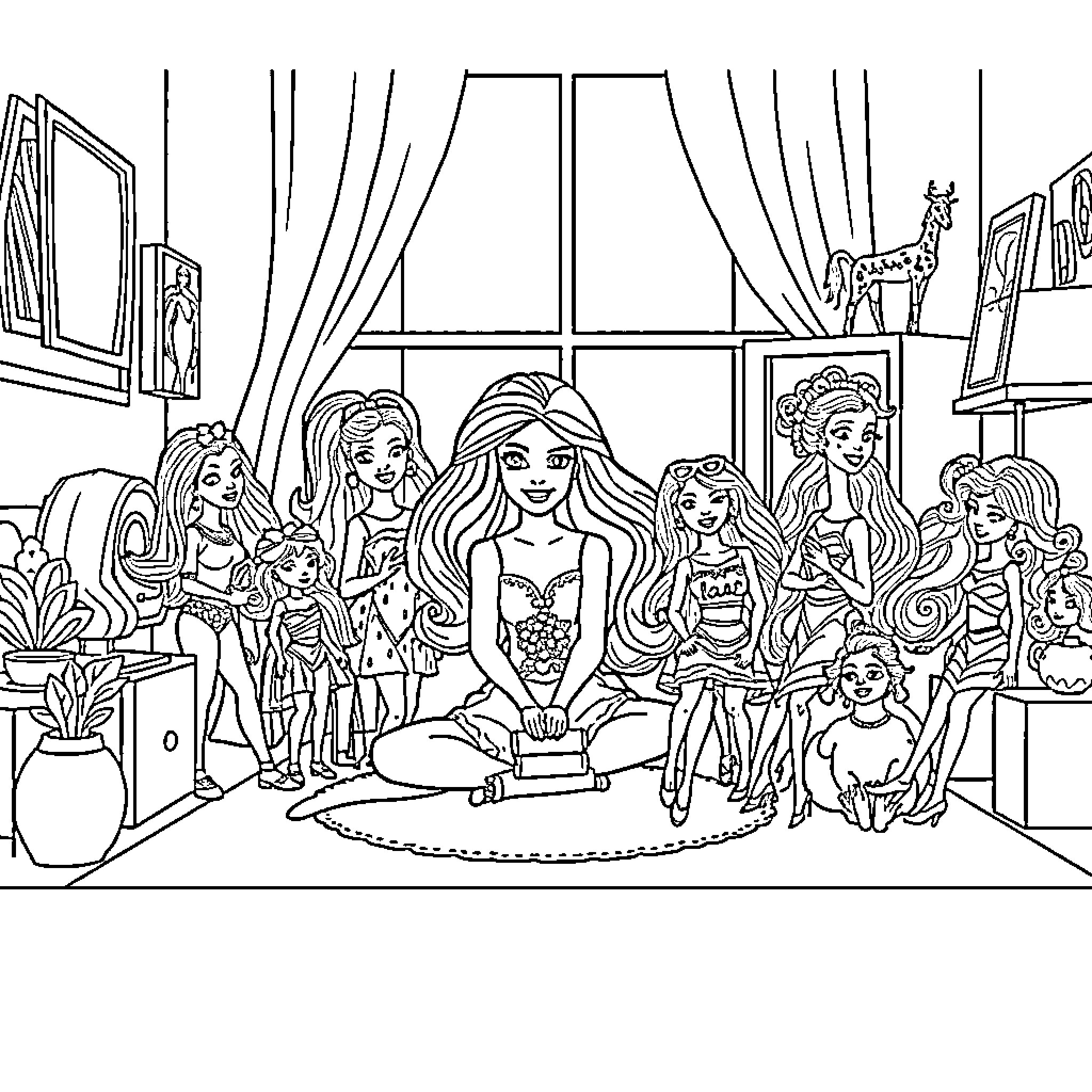 Barbie and Friends in Colorful Gathering Coloring Page (free black-and-white line drawing printable PDF for all, from beginners to advanced learners, including children, teens, adults, and seniors)