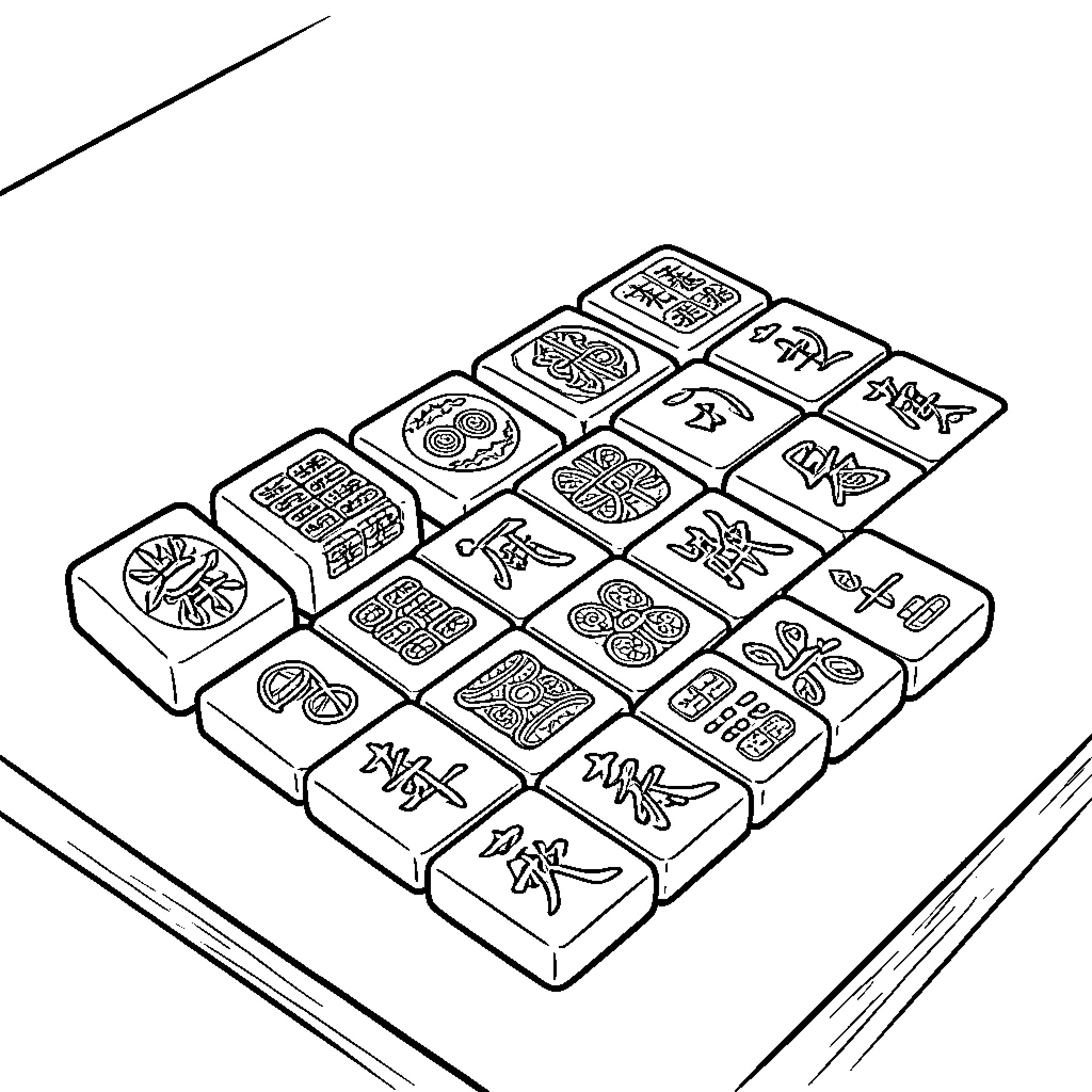 Mah Jongg Tile arrangement set on a table Coloring Page (free black-and-white line drawing printable PDF for all, from beginners to advanced learners, including children, teens, adults, and seniors)