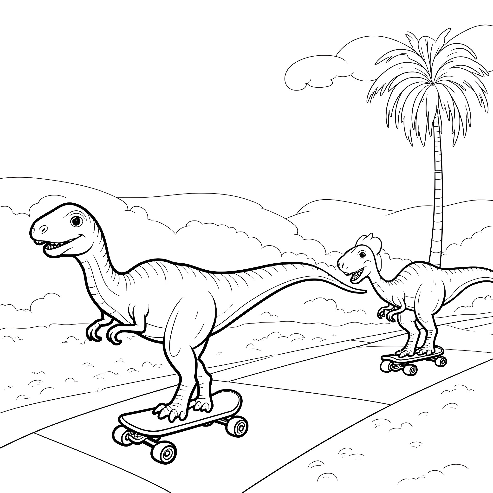 Dinosaurs skating through a tropical landscape Coloring Page (free black-and-white line drawing printable PDF for all, from beginners to advanced learners, including children, teens, adults, and seniors)