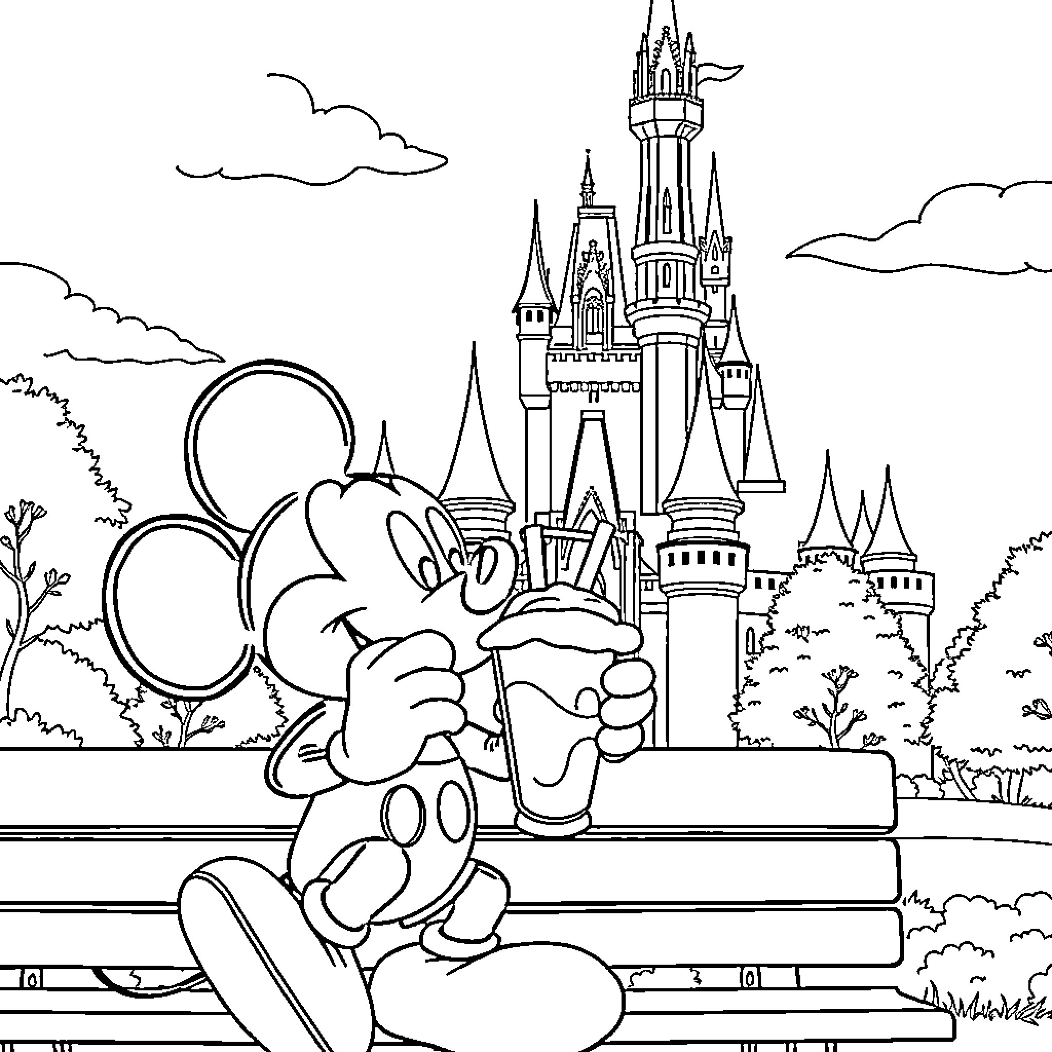 Mickey Mouse enjoying the scenery at Disney castle Coloring Page (free black-and-white line drawing printable PDF for all, from beginners to advanced learners, including children, teens, adults, and seniors)