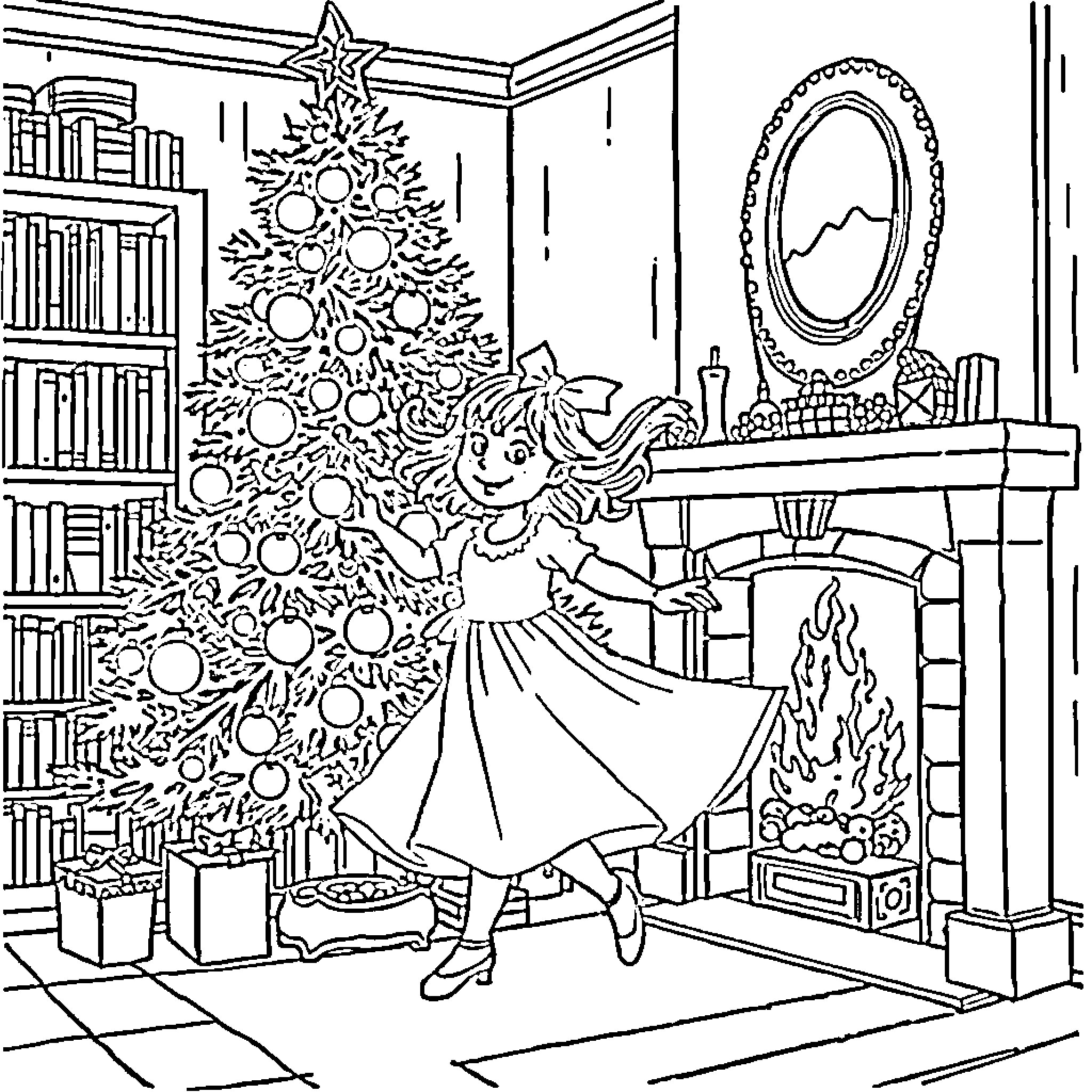 Girl decorating Christmas tree in cozy room Coloring Page (free black-and-white line drawing printable PDF for all, from beginners to advanced learners, including children, teens, adults, and seniors)