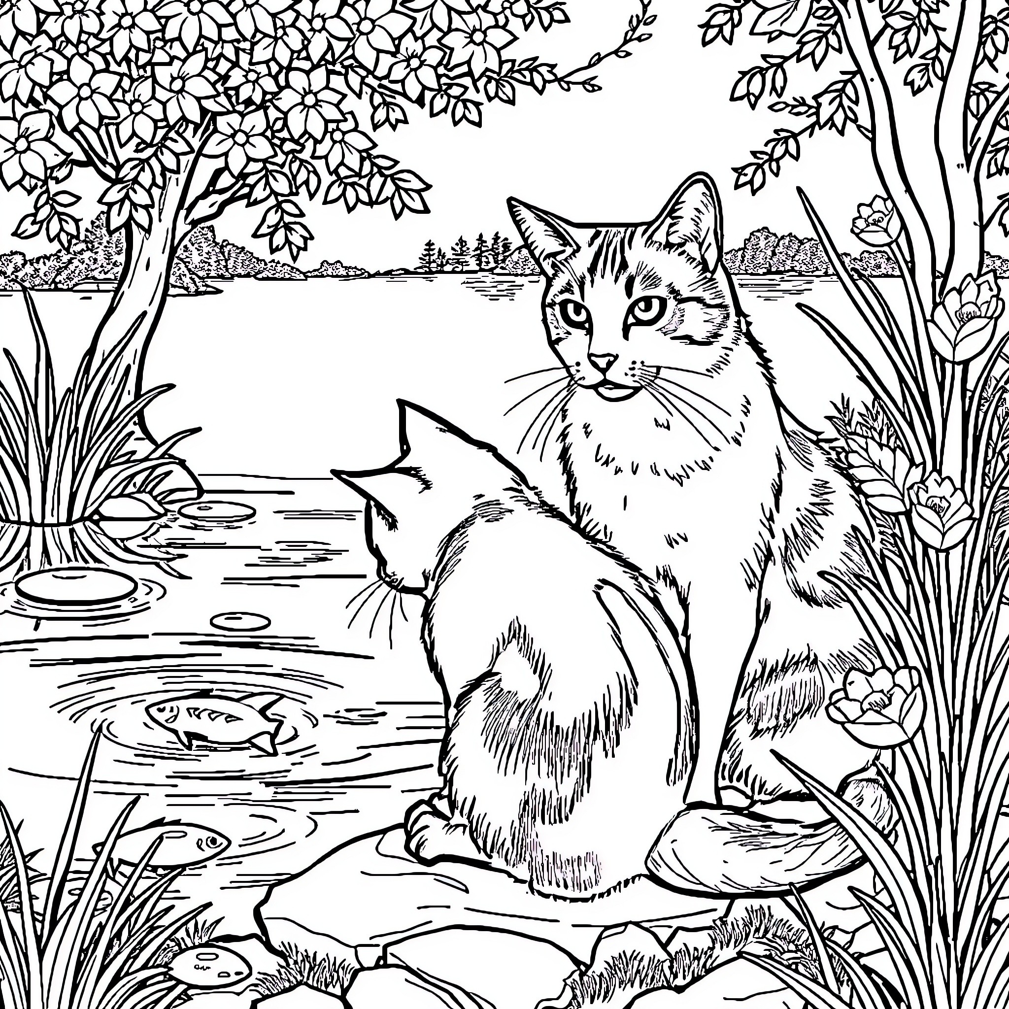 Cat relaxing by the lake in the forest Coloring Page (free black-and-white line drawing printable PDF for all, from beginners to advanced learners, including children, teens, adults, and seniors)
