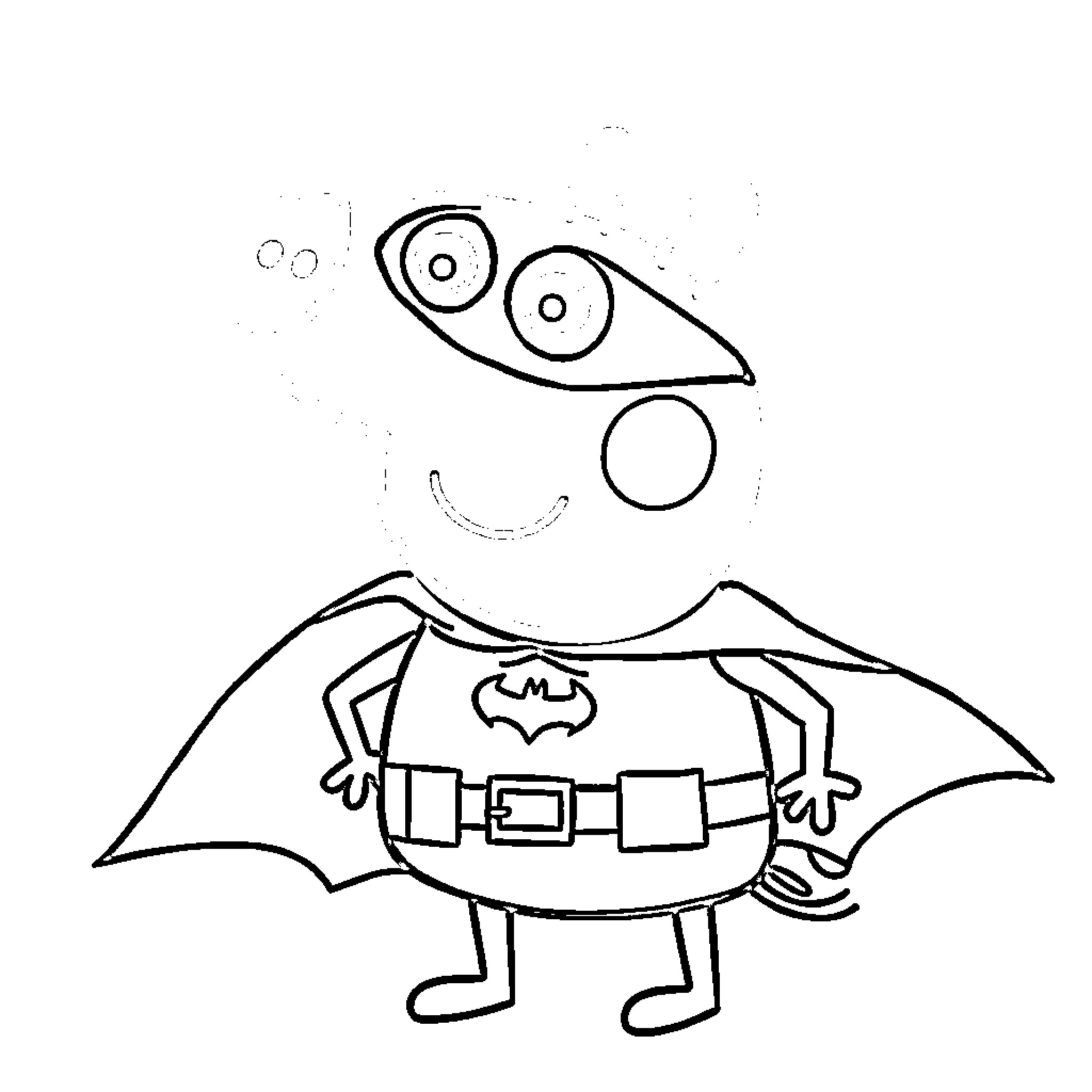 Peppa Pig dressed as a superhero with bat wings Coloring Page (free black-and-white line drawing printable PDF for all, from beginners to advanced learners, including children, teens, adults, and seniors)