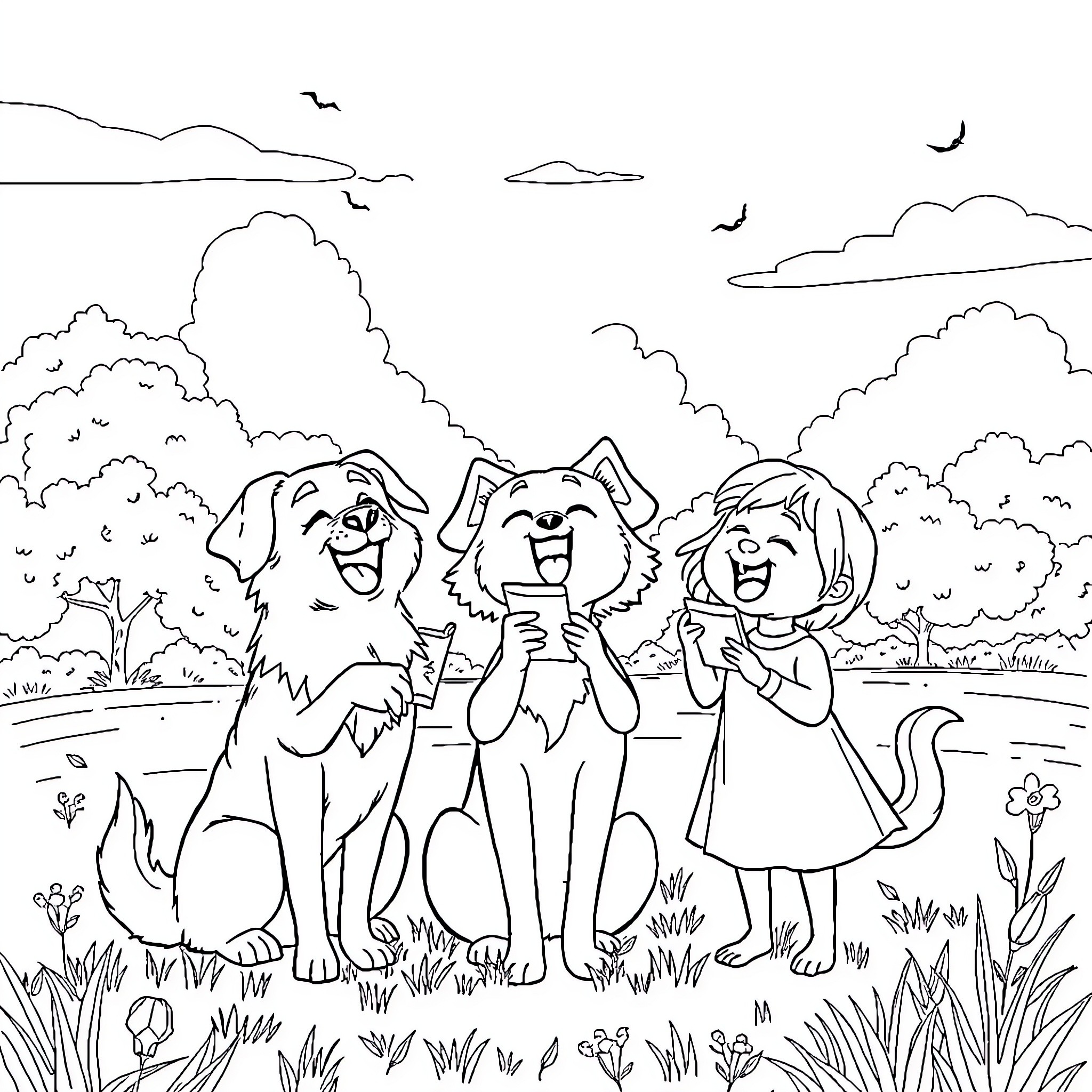 Rumi's Playful Pups in the Meadow Coloring Page (free black-and-white line drawing printable PDF for all, from beginners to advanced learners, including children, teens, adults, and seniors)