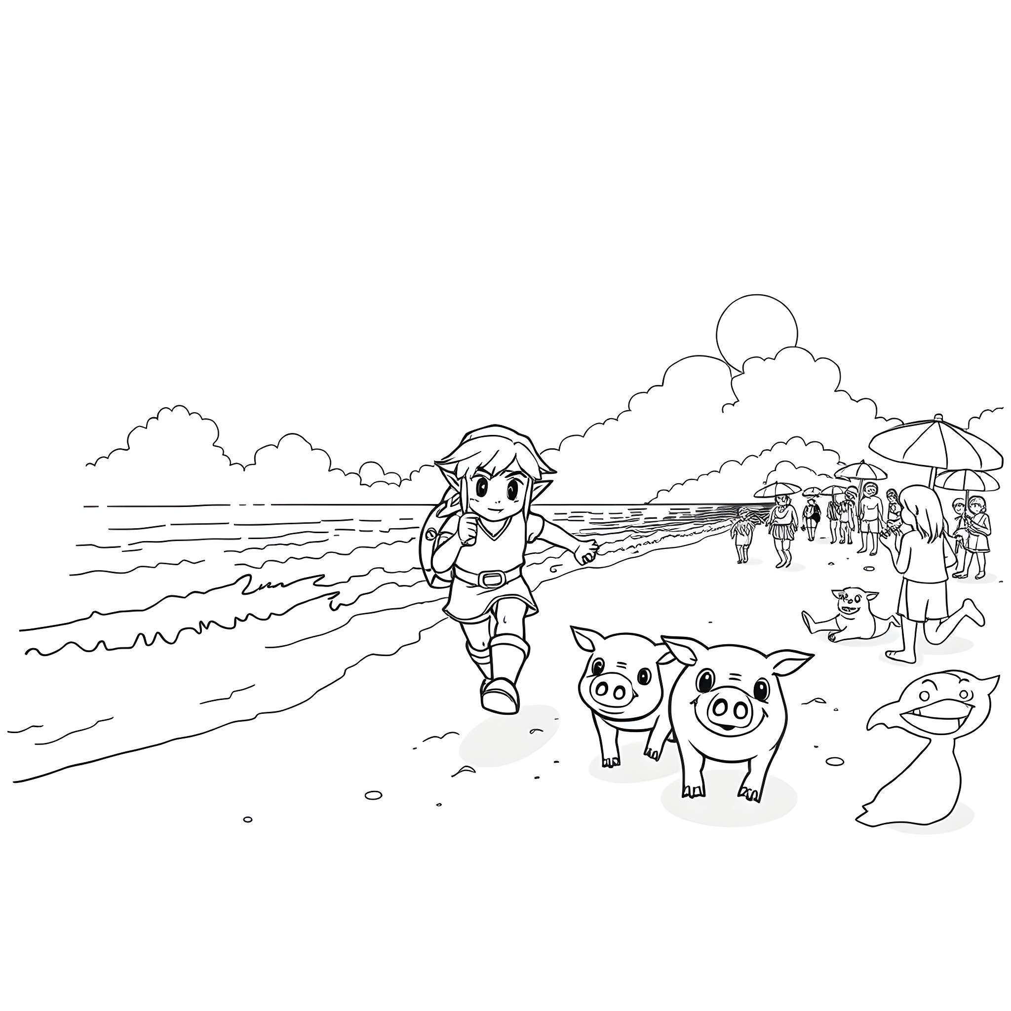 Link exploring the beach with animal companions Coloring Page (free black-and-white line drawing printable PDF for all, from beginners to advanced learners, including children, teens, adults, and seniors)