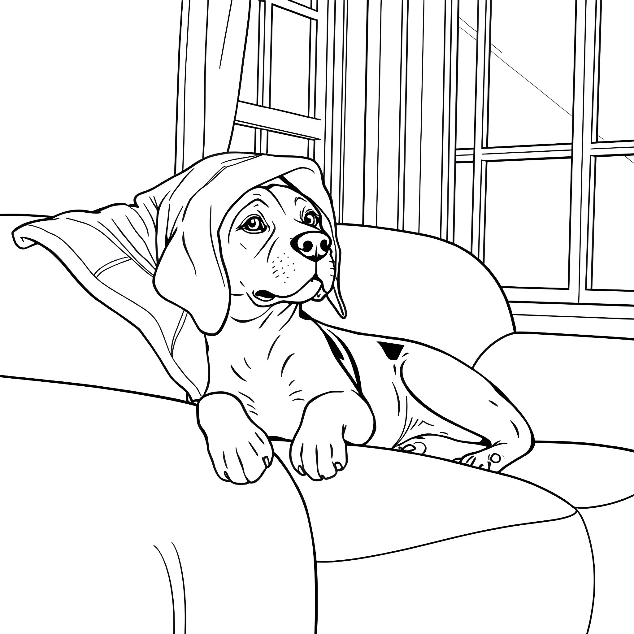 Beagle resting comfortably on couch by window Coloring Page (free black-and-white line drawing printable PDF for all, from beginners to advanced learners, including children, teens, adults, and seniors)