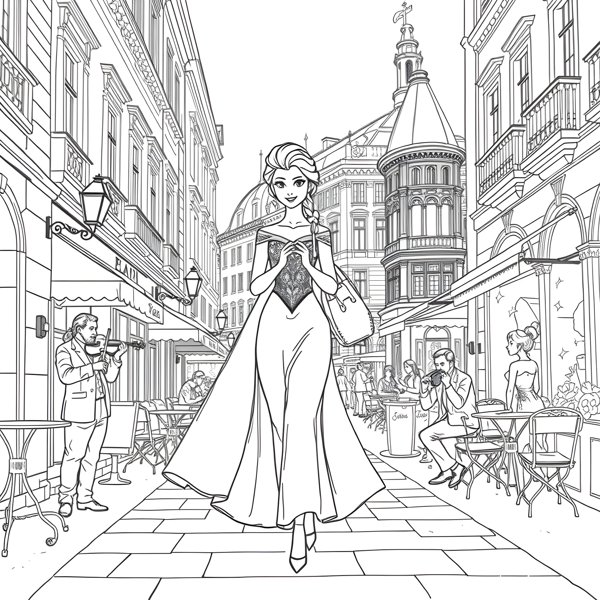 Elsa's Elegant Outing in a Charming European City Coloring Page (free black-and-white line drawing printable PDF for all, from beginners to advanced learners, including children, teens, adults, and seniors)