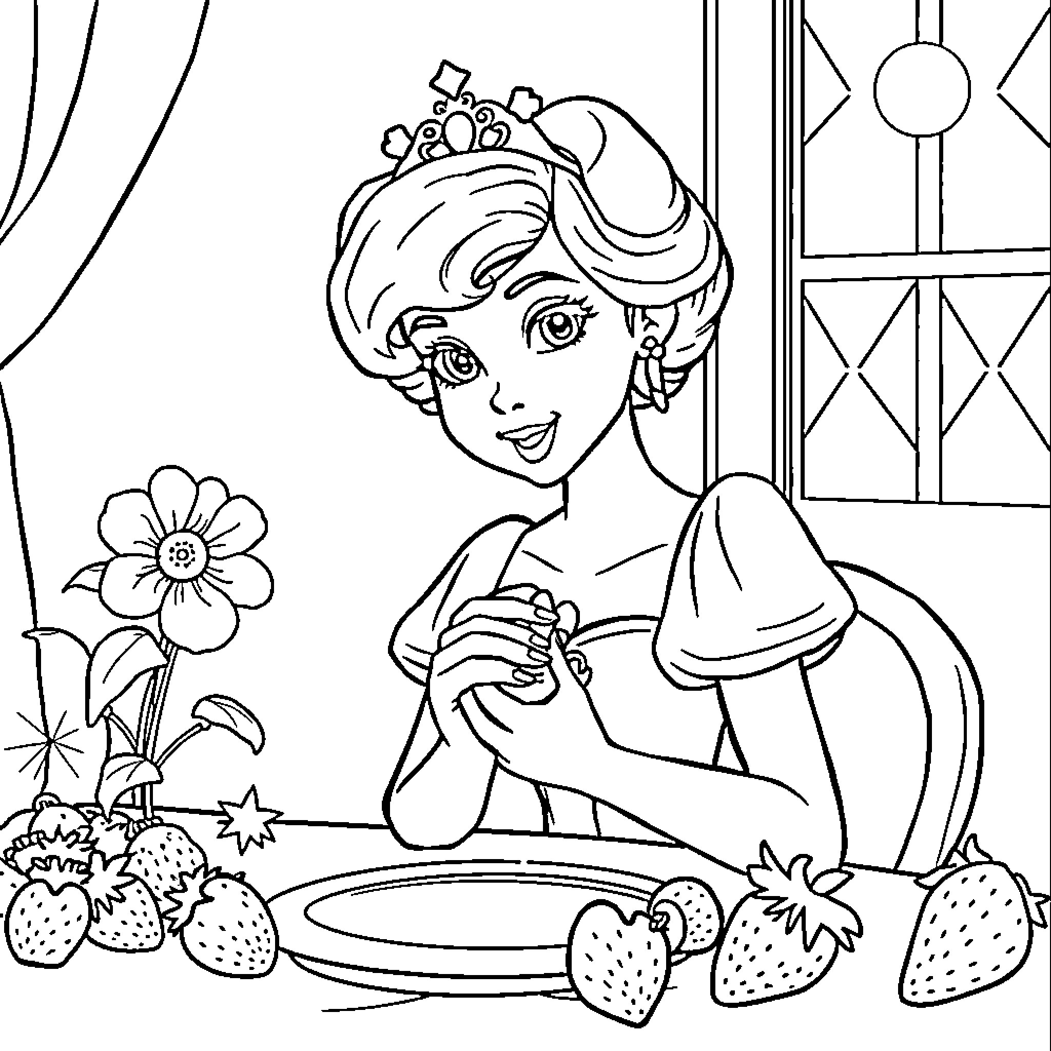 Princess enjoying a snack in her garden Coloring Page (free black-and-white line drawing printable PDF for all, from beginners to advanced learners, including children, teens, adults, and seniors)