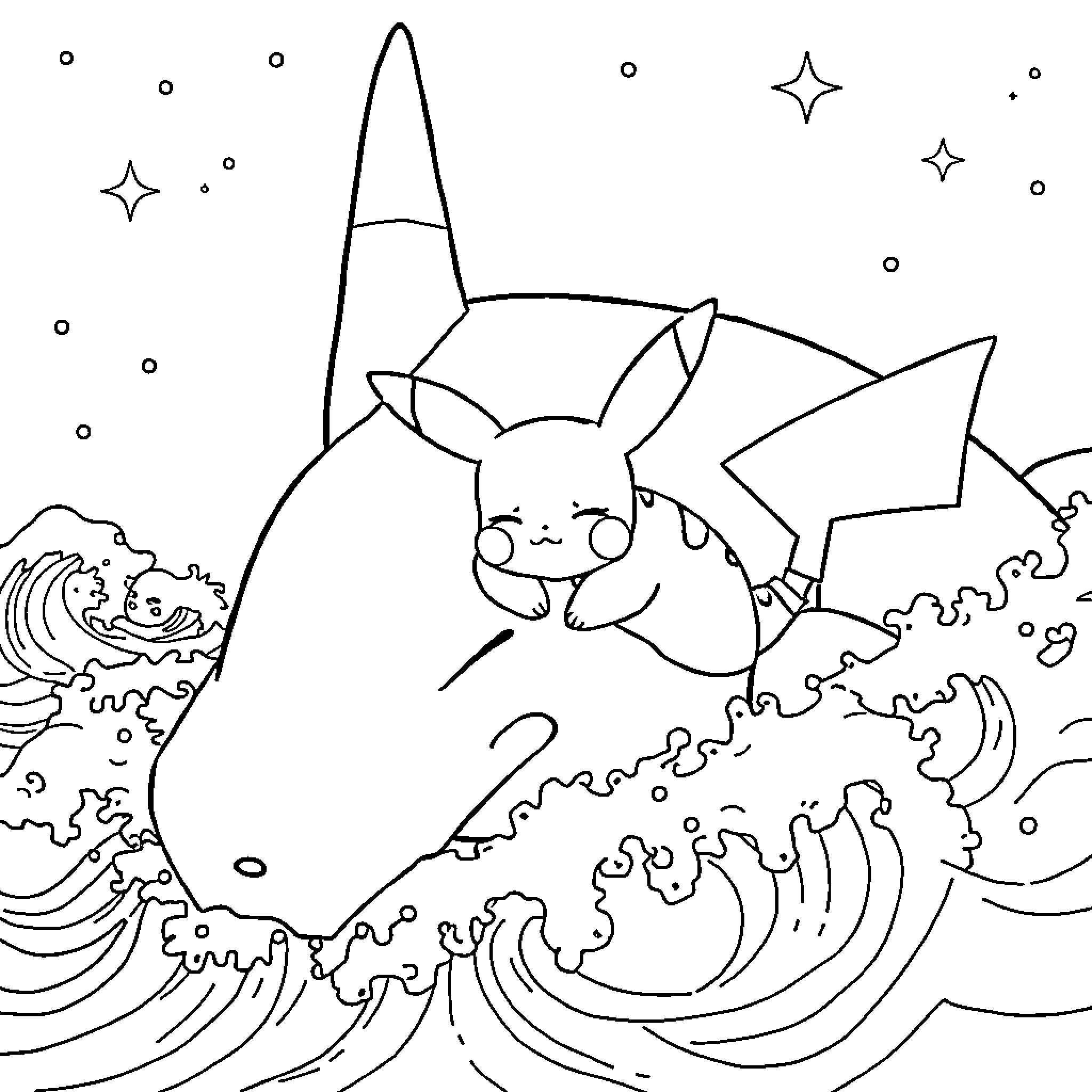 Pikachu surfing on ocean waves under starry sky Coloring Page (free black-and-white line drawing printable PDF for all, from beginners to advanced learners, including children, teens, adults, and seniors)