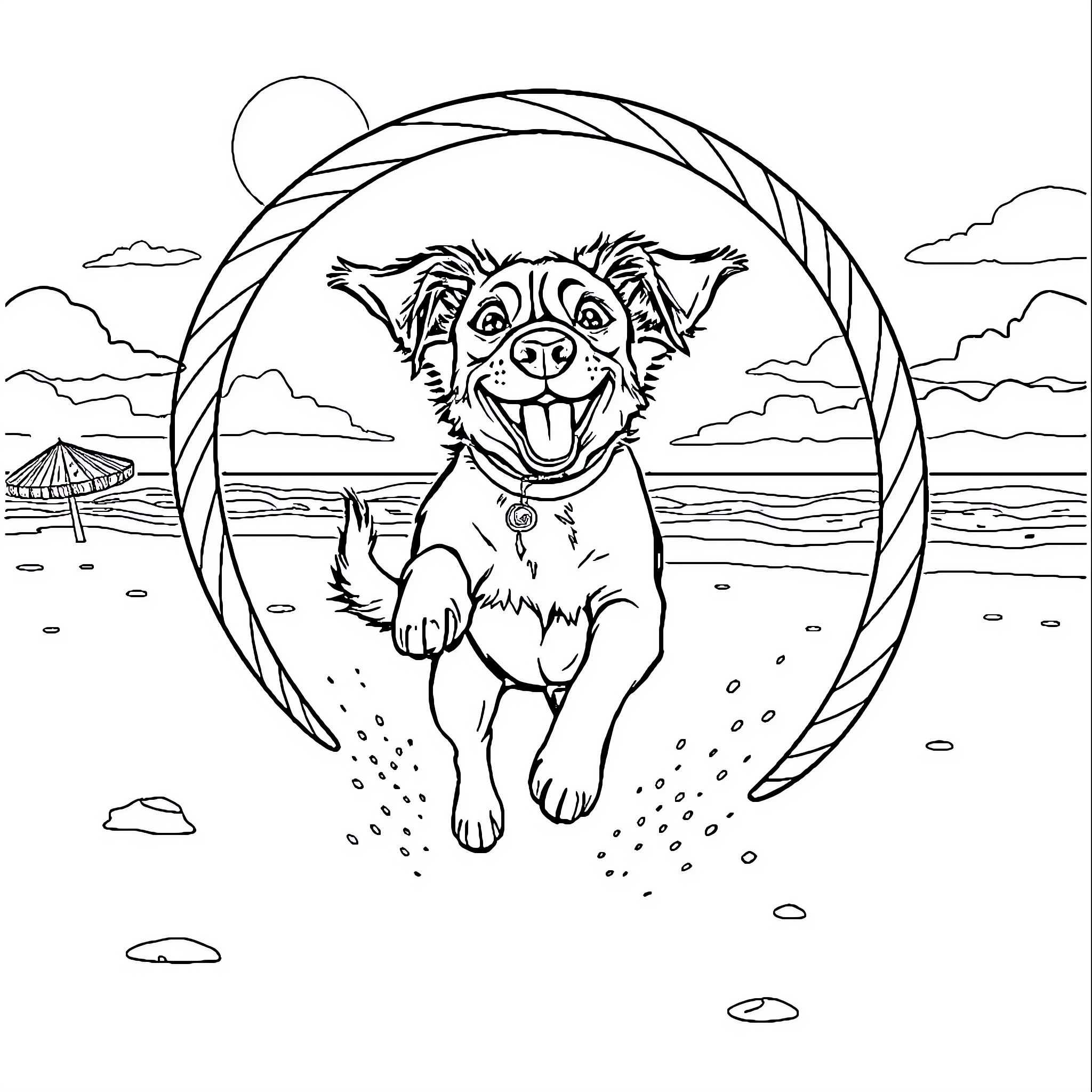 Dog jumping happily through a hoop on the beach Coloring Page (free black-and-white line drawing printable PDF for all, from beginners to advanced learners, including children, teens, adults, and seniors)