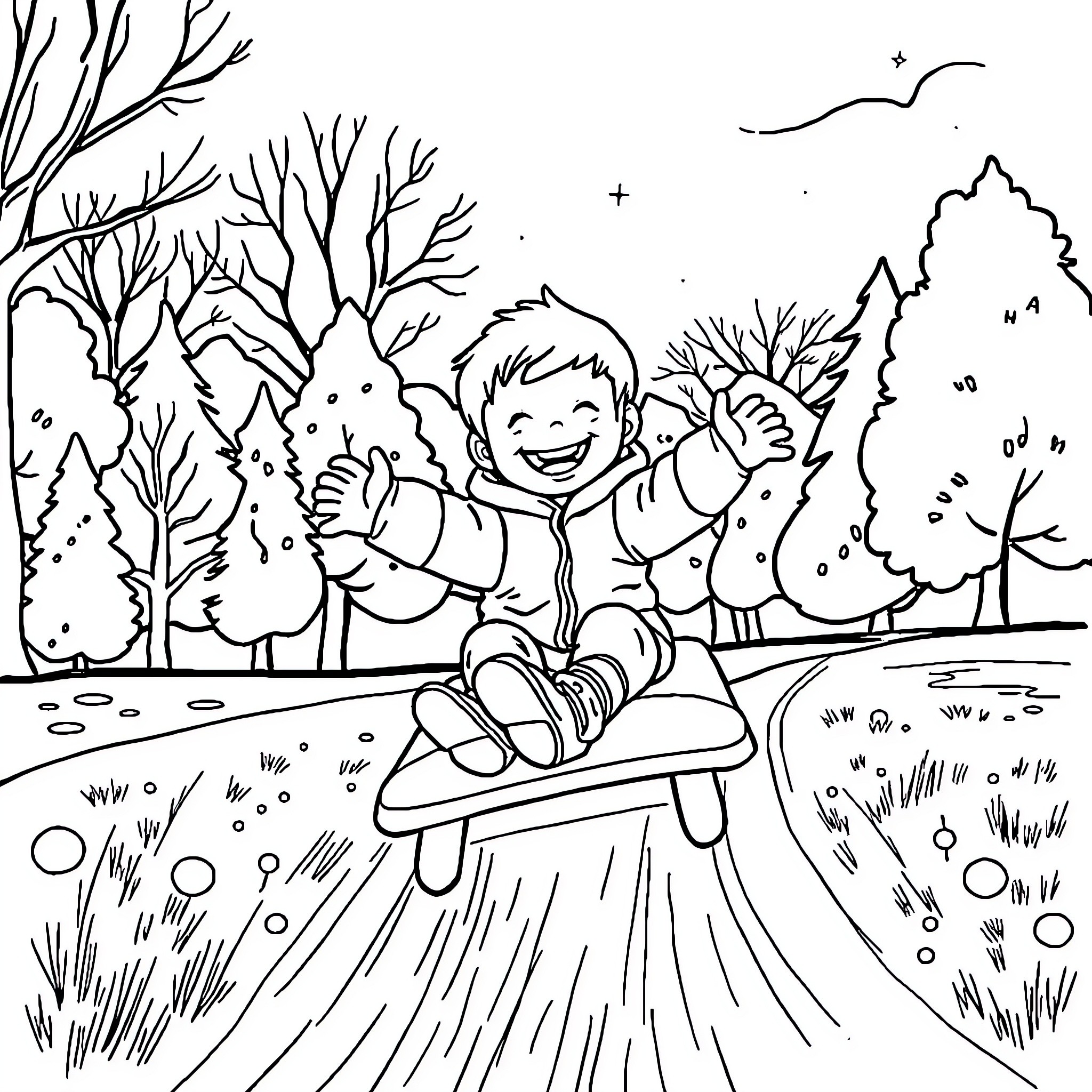 Boy joyfully playing in a snowy forest Coloring Page (free black-and-white line drawing printable PDF for all, from beginners to advanced learners, including children, teens, adults, and seniors)