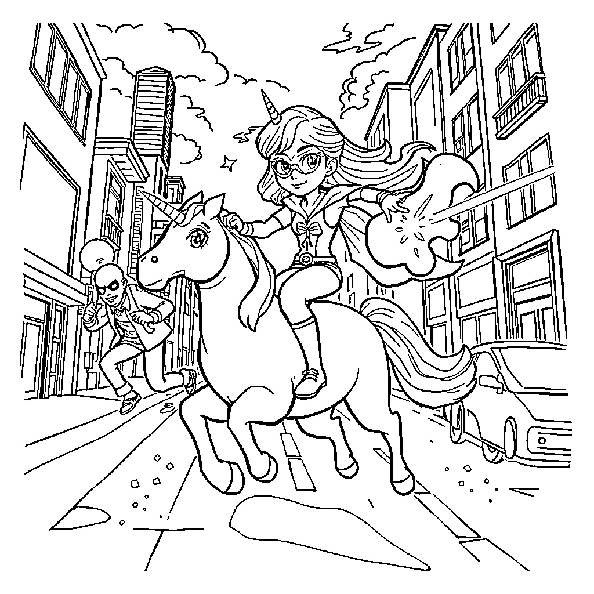 Super Hero Girl on a Magical Adventure Coloring Page (free black-and-white line drawing printable PDF for all, from beginners to advanced learners, including children, teens, adults, and seniors)