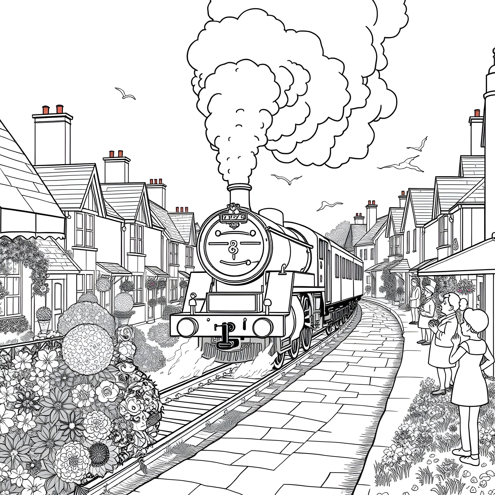 Steam Train Traveling Through a Quaint Village Coloring Page (free black-and-white line drawing printable PDF for all, from beginners to advanced learners, including children, teens, adults, and seniors)