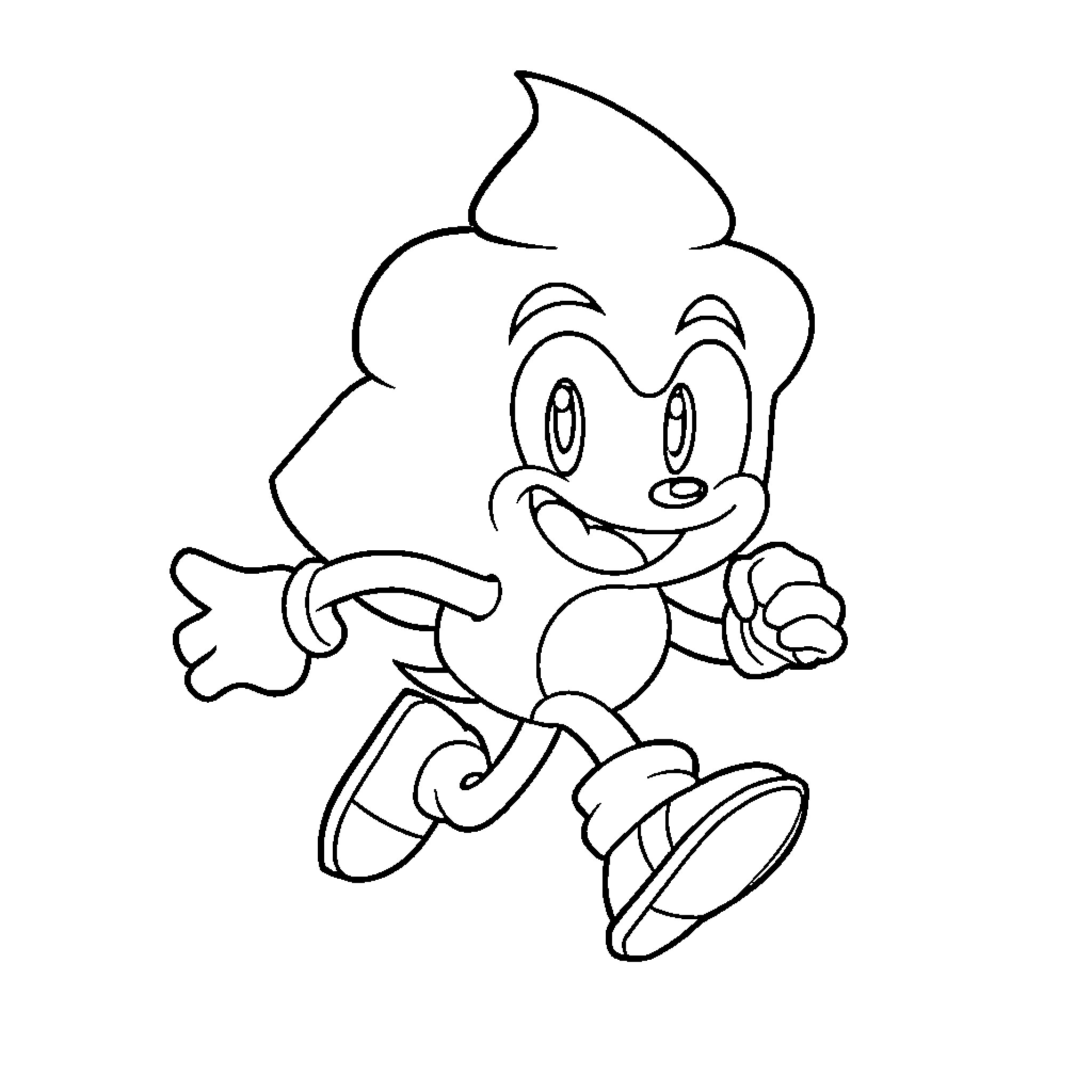 Poop Sonic character running and waving Coloring Page (free black-and-white line drawing printable PDF for all, from beginners to advanced learners, including children, teens, adults, and seniors)
