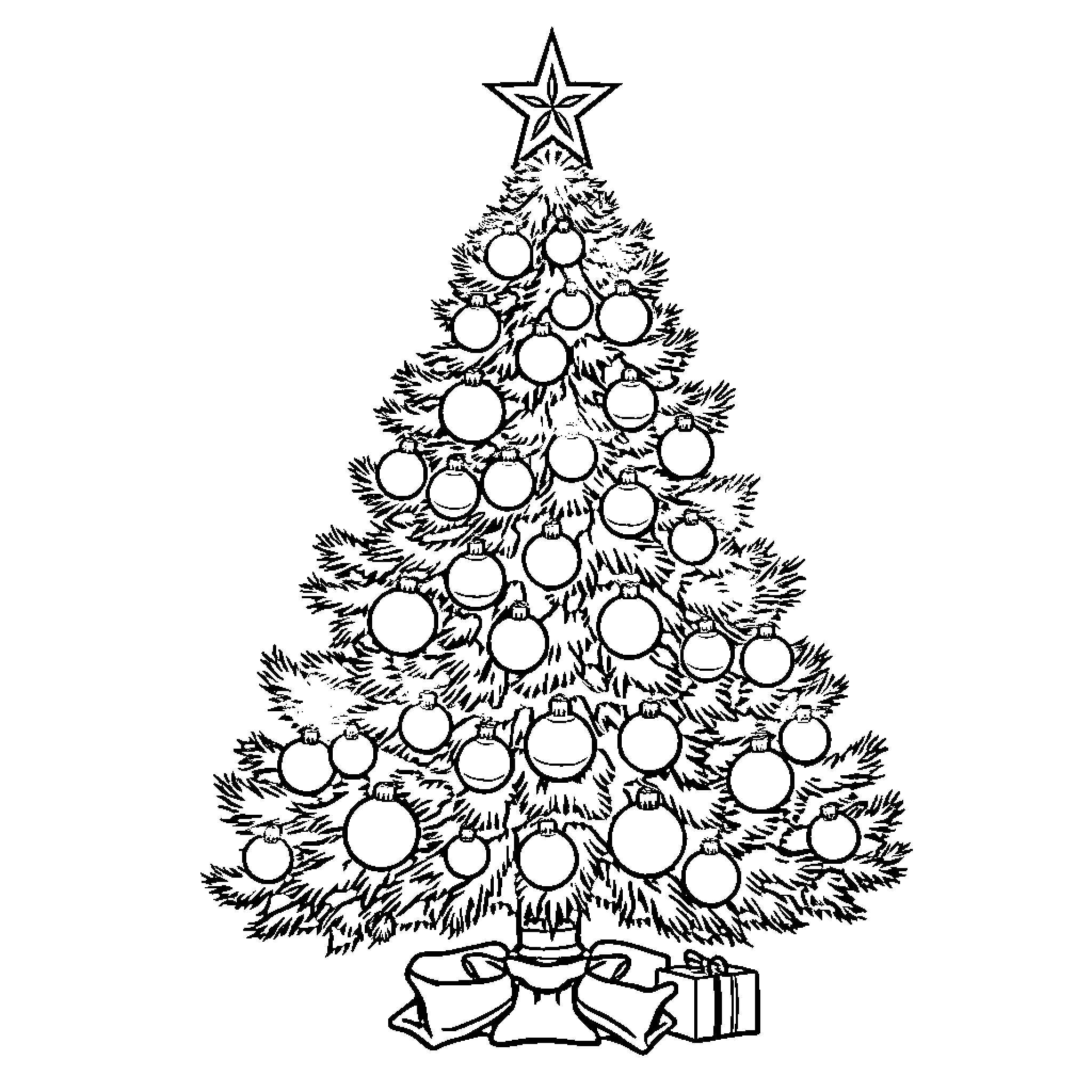 Christmas Tree Decorated with Ornaments and Gifts Coloring Page (free black-and-white line drawing printable PDF for all, from beginners to advanced learners, including children, teens, adults, and seniors)