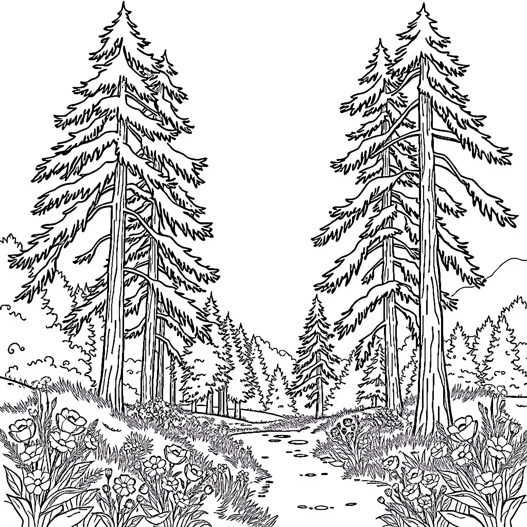 Nature's Serene Forest Landscape Coloring Page (free black-and-white line drawing printable PDF for all, from beginners to advanced learners, including children, teens, adults, and seniors)