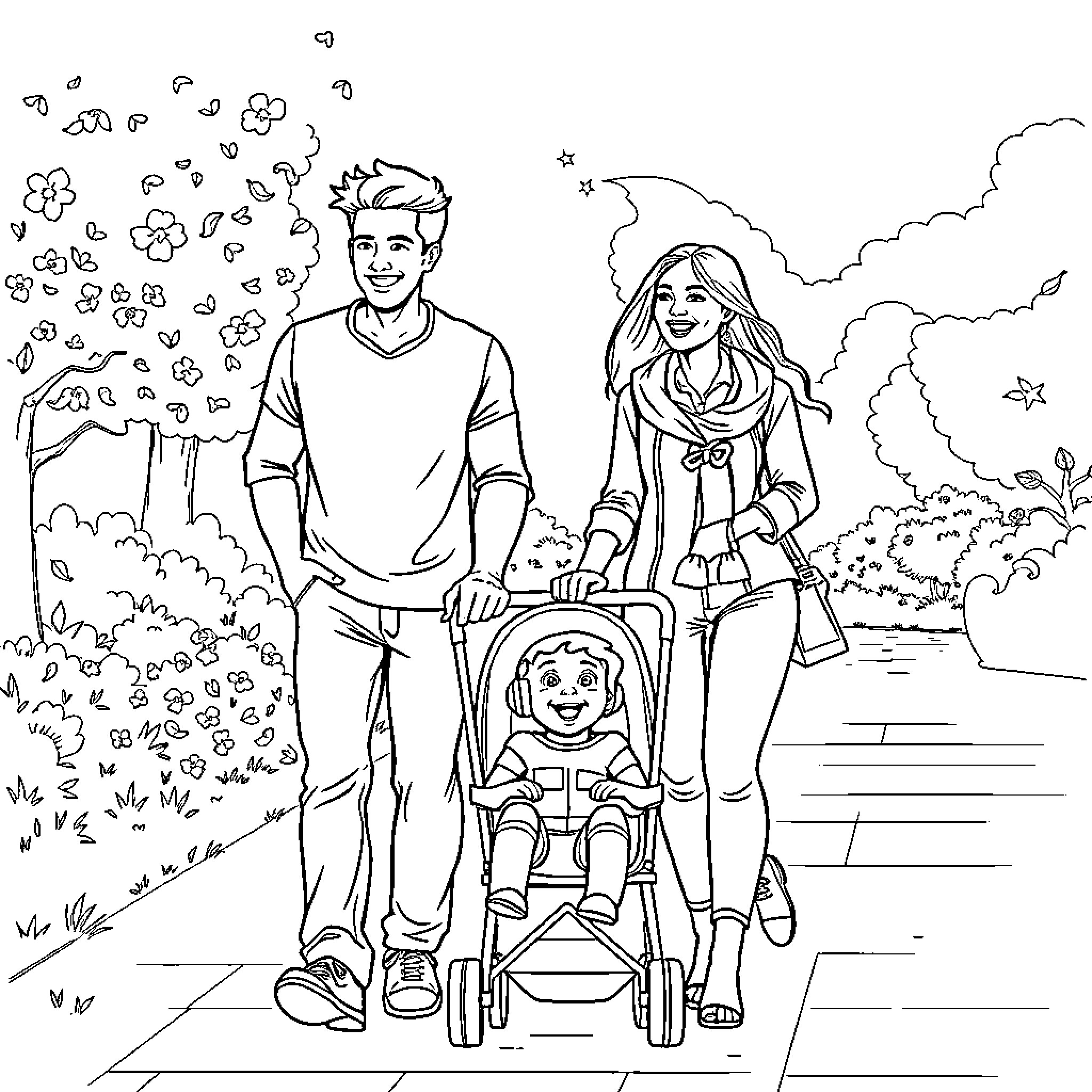 Family enjoying a pleasant autumn day outdoors Coloring Page (free black-and-white line drawing printable PDF for all, from beginners to advanced learners, including children, teens, adults, and seniors)