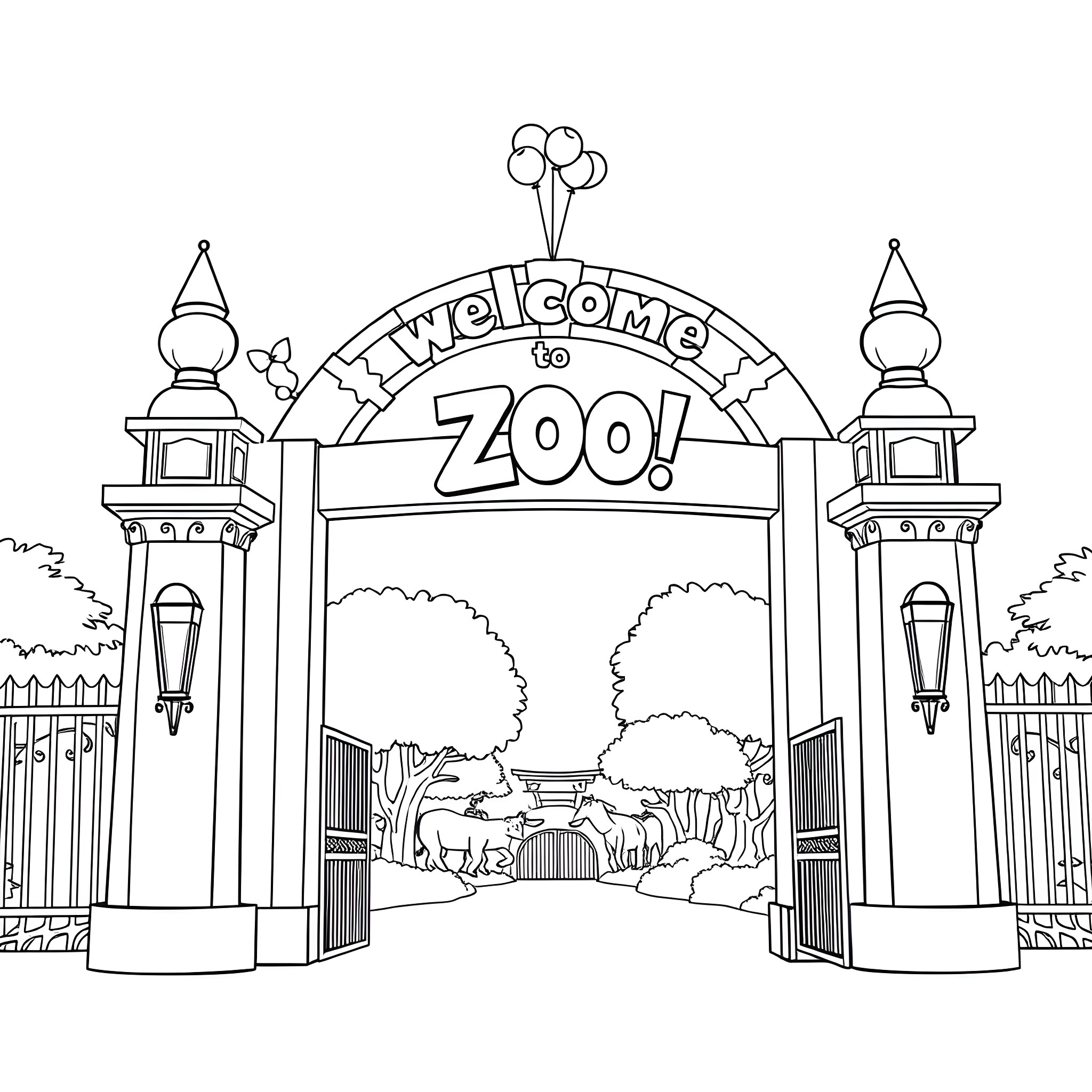 Zoo Entrance with Welcoming Arch and Lamps Coloring Page (free black-and-white line drawing printable PDF for all, from beginners to advanced learners, including children, teens, adults, and seniors)