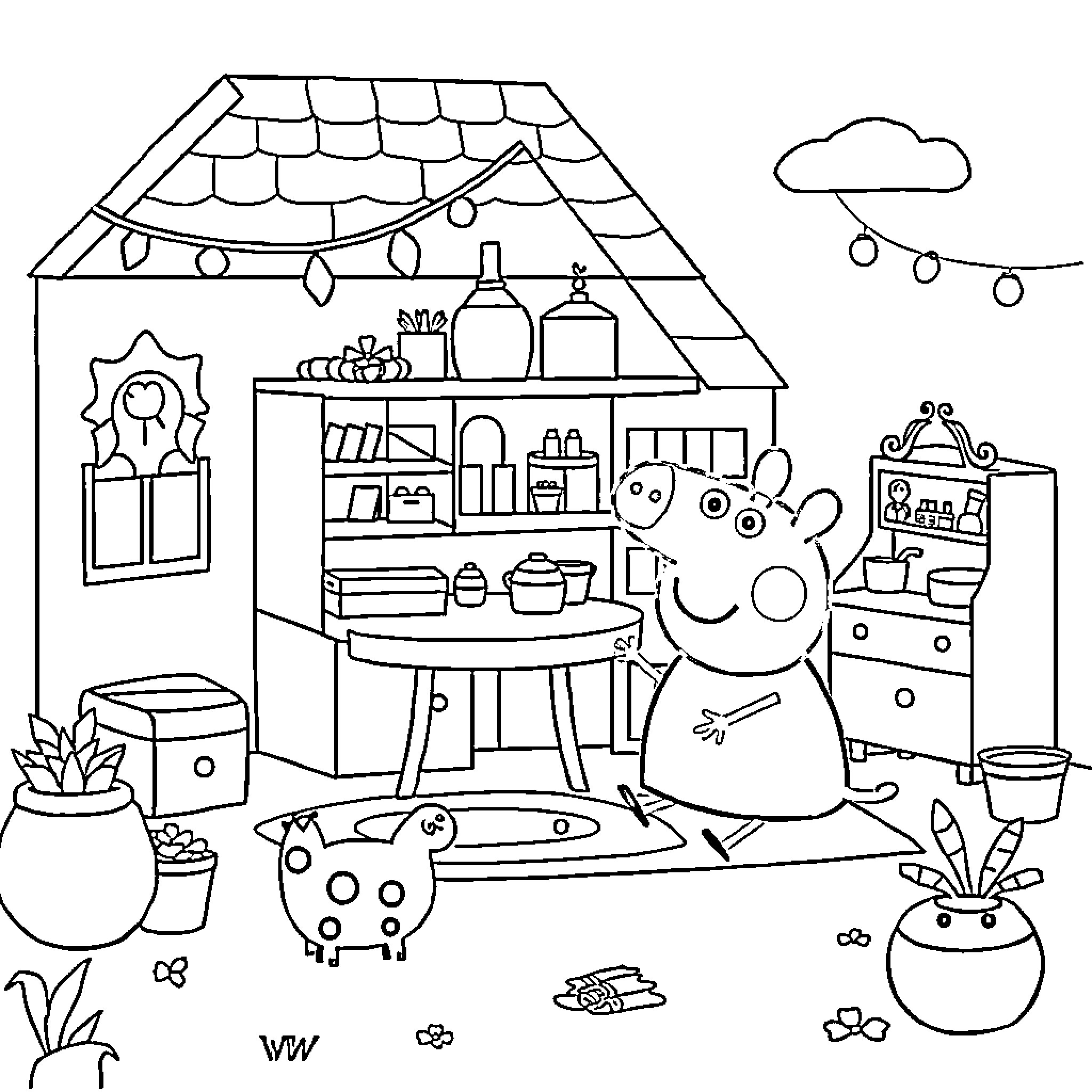 Pepa Pig's Fun Playtime at Home Coloring Page (free black-and-white line drawing printable PDF for all, from beginners to advanced learners, including children, teens, adults, and seniors)