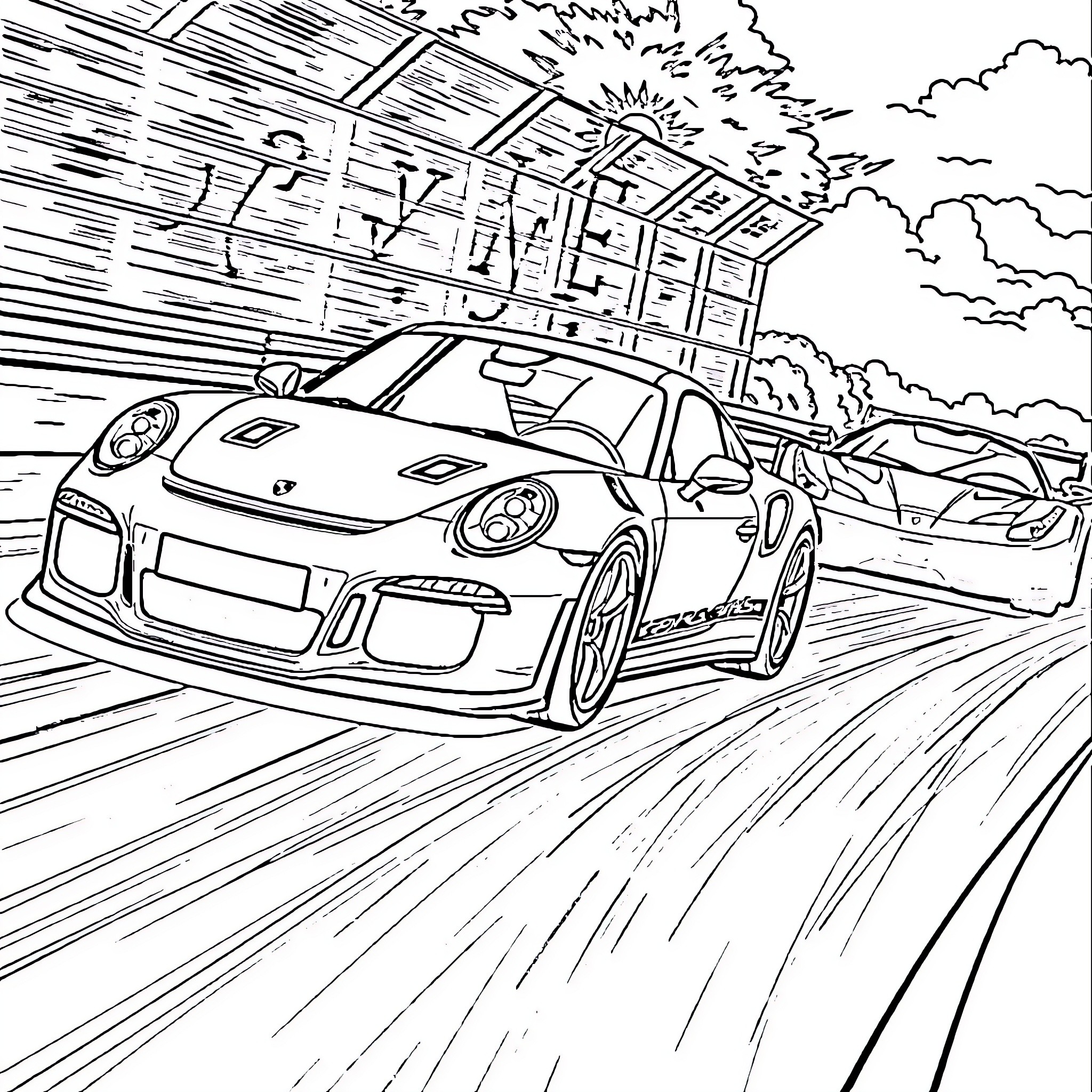 Car racing down the street with speed lines Coloring Page (free black-and-white line drawing printable PDF for all, from beginners to advanced learners, including children, teens, adults, and seniors)