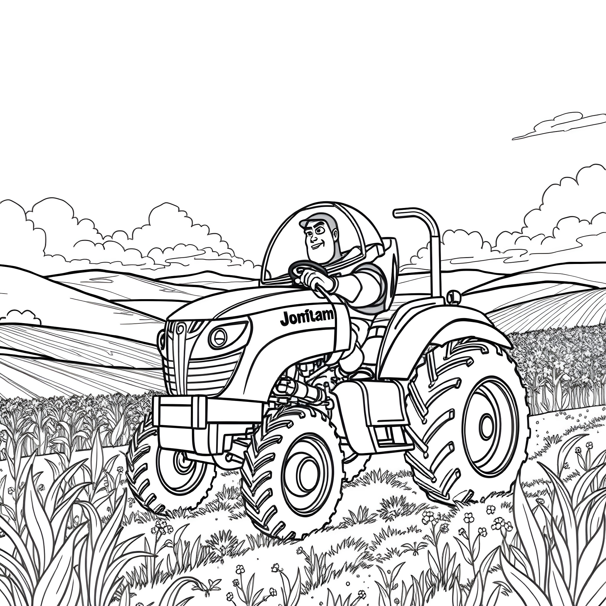 Buzz Lightyear driving a tractor through the countryside Coloring Page (free black-and-white line drawing printable PDF for all, from beginners to advanced learners, including children, teens, adults, and seniors)