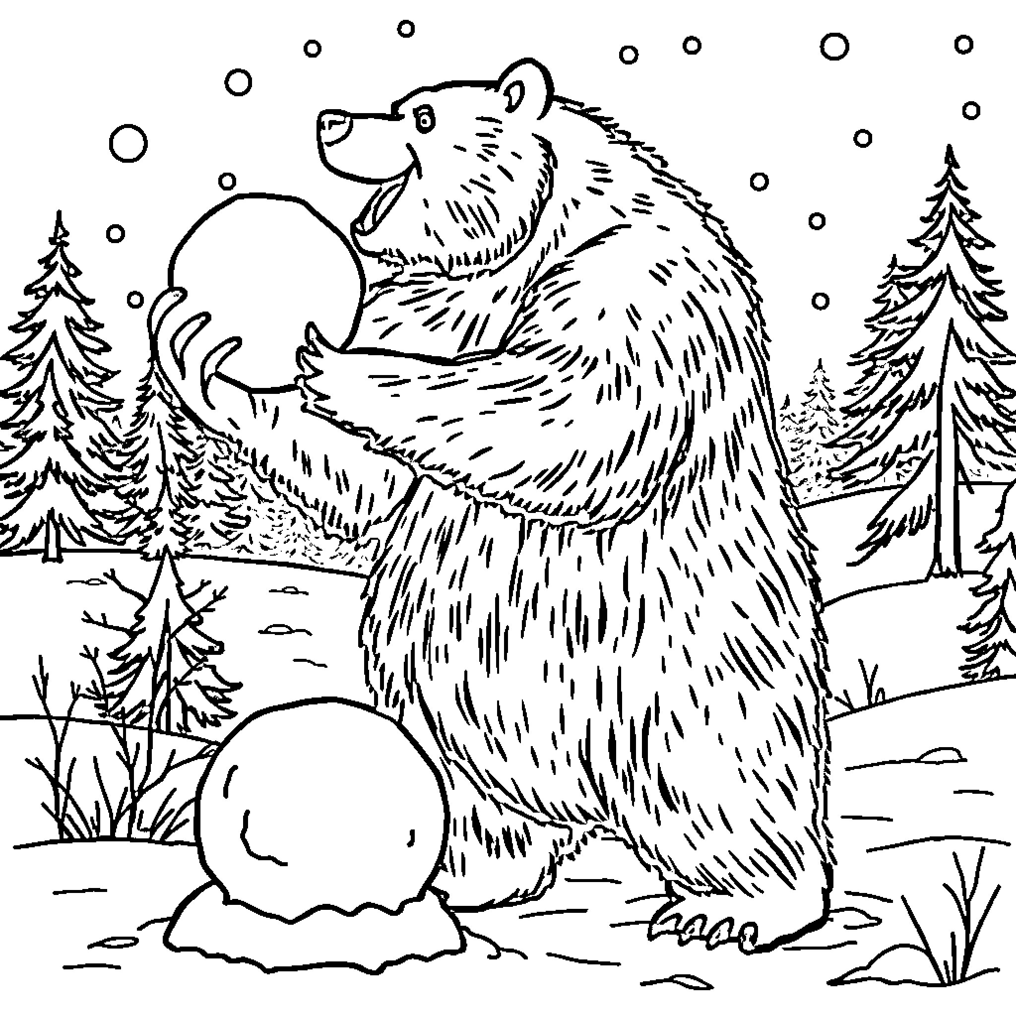 Bear enjoying a snowy winter landscape Coloring Page (free black-and-white line drawing printable PDF for all, from beginners to advanced learners, including children, teens, adults, and seniors)