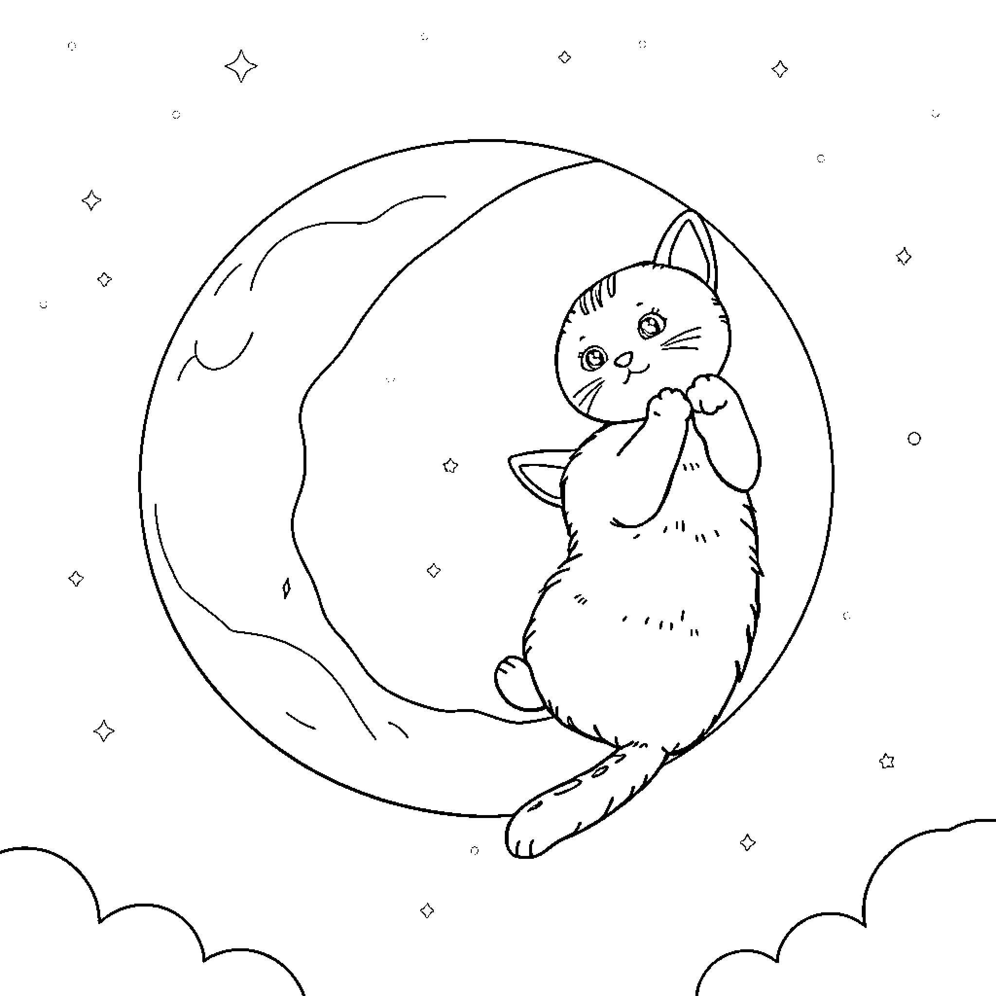 Cat gazing at the moon with stars Coloring Page (free black-and-white line drawing printable PDF for all, from beginners to advanced learners, including children, teens, adults, and seniors)
