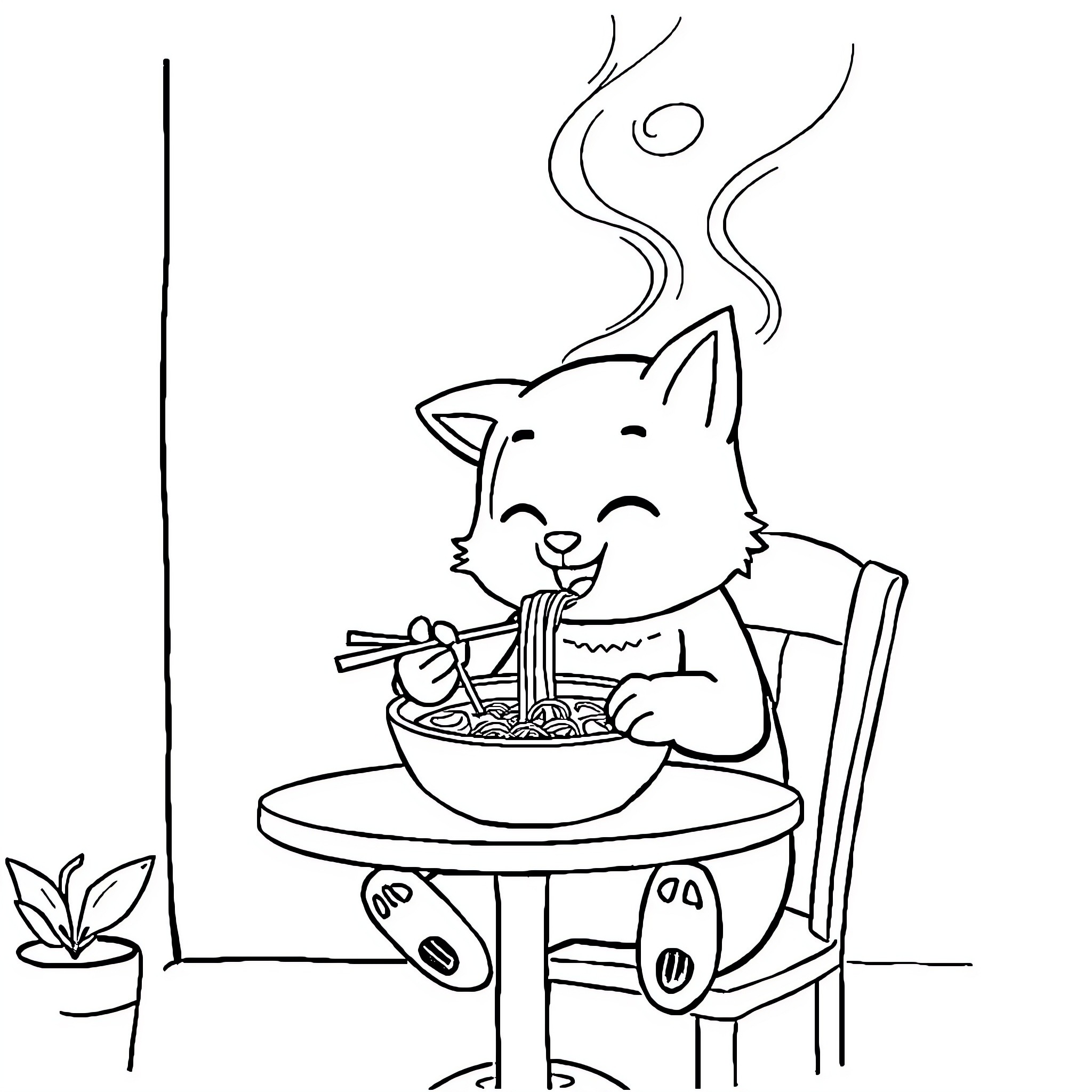 Rumi enjoying a warm meal Coloring Page (free black-and-white line drawing printable PDF for all, from beginners to advanced learners, including children, teens, adults, and seniors)