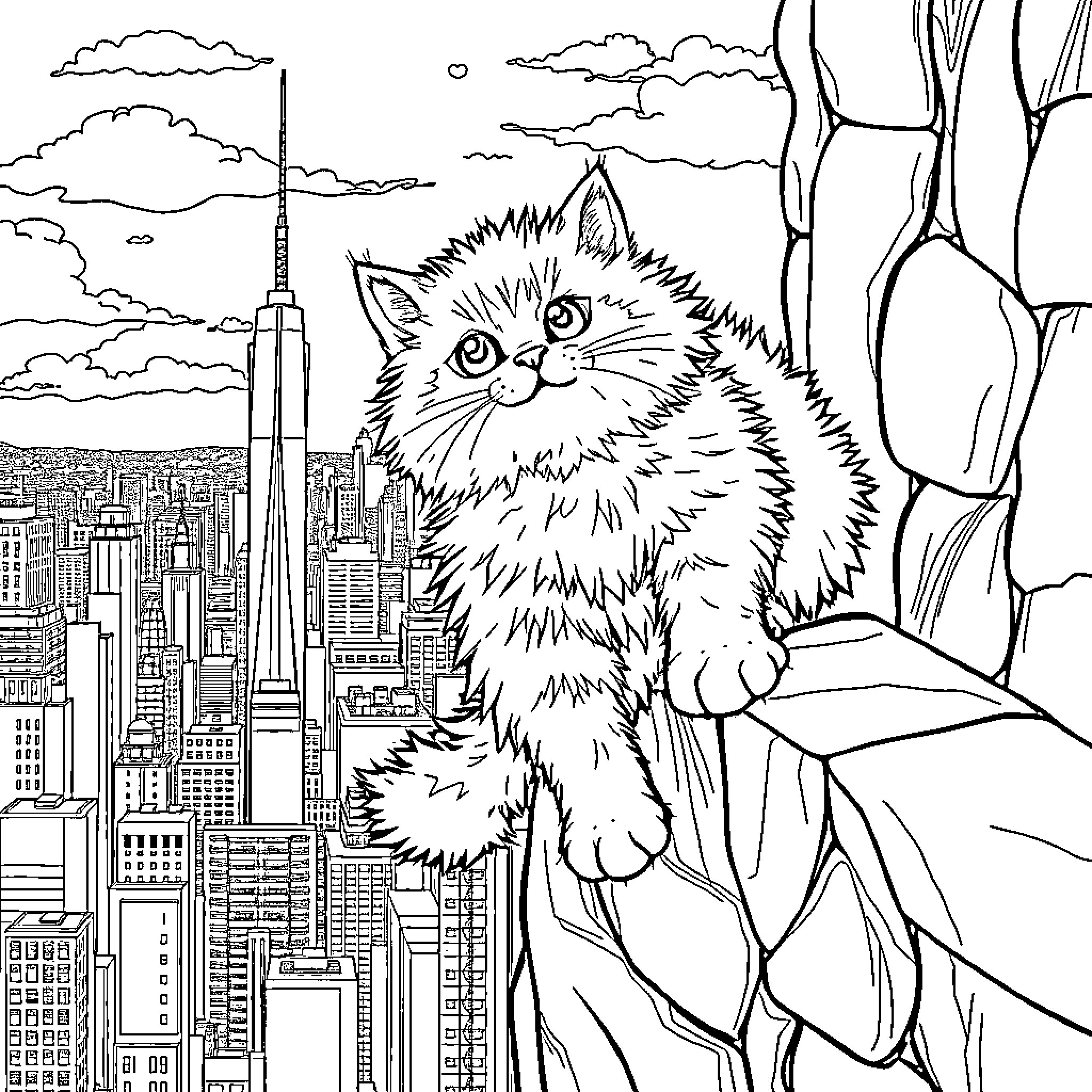 Kitty Admiring the City Skyline Coloring Page (free black-and-white line drawing printable PDF for all, from beginners to advanced learners, including children, teens, adults, and seniors)