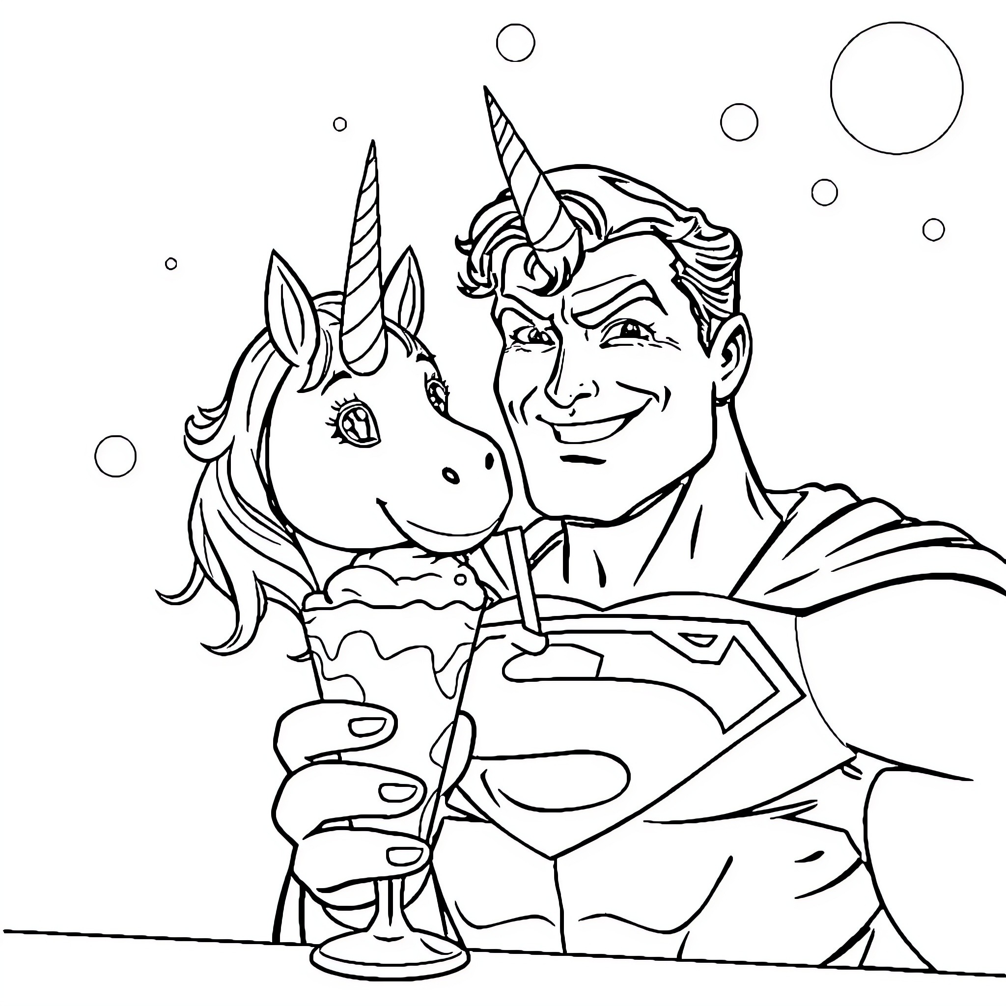 Licorne Superhero and Unicorn Companions in Bubbles Coloring Page (free black-and-white line drawing printable PDF for all, from beginners to advanced learners, including children, teens, adults, and seniors)