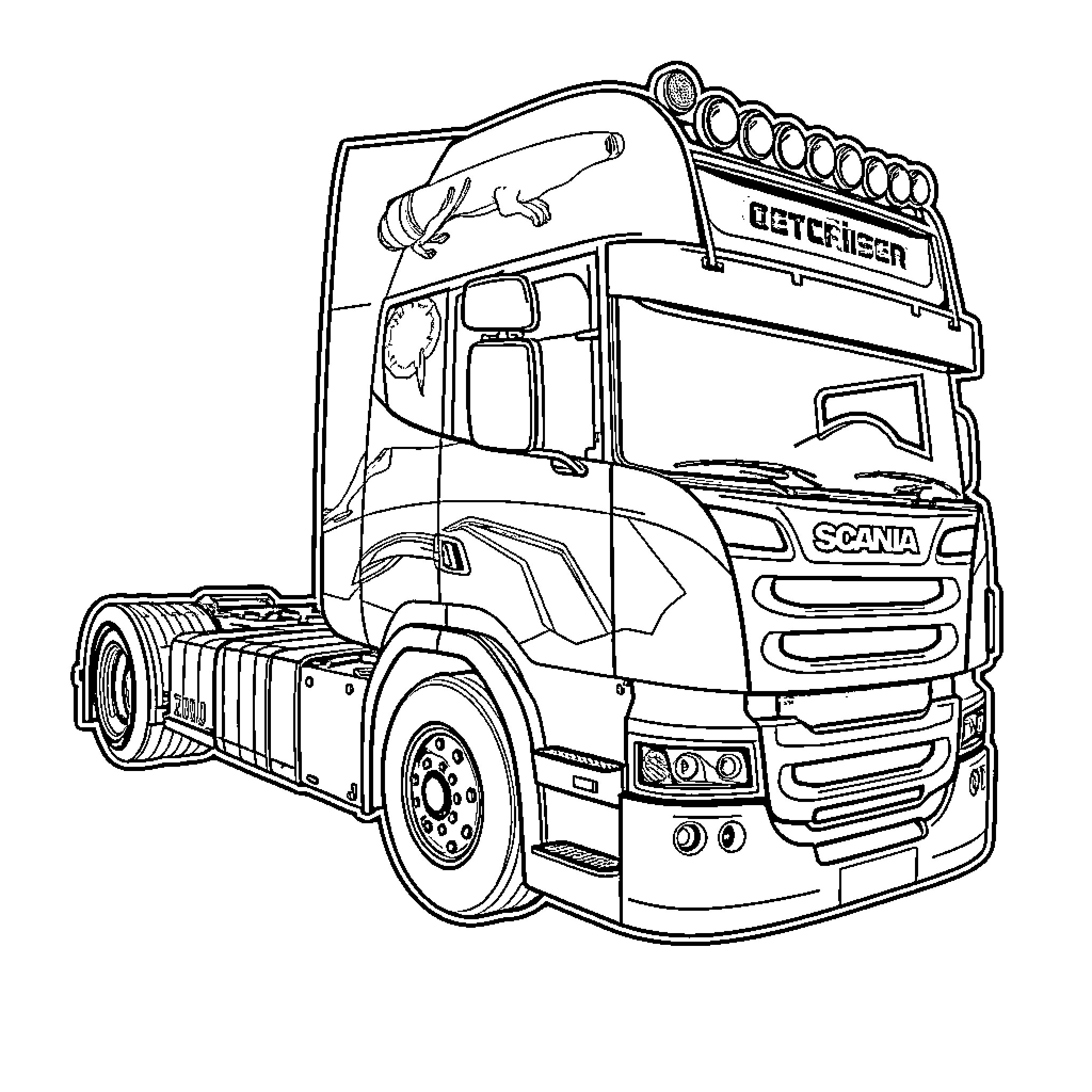 Scania heavy-duty semi-truck in outline Coloring Page (free black-and-white line drawing printable PDF for all, from beginners to advanced learners, including children, teens, adults, and seniors)