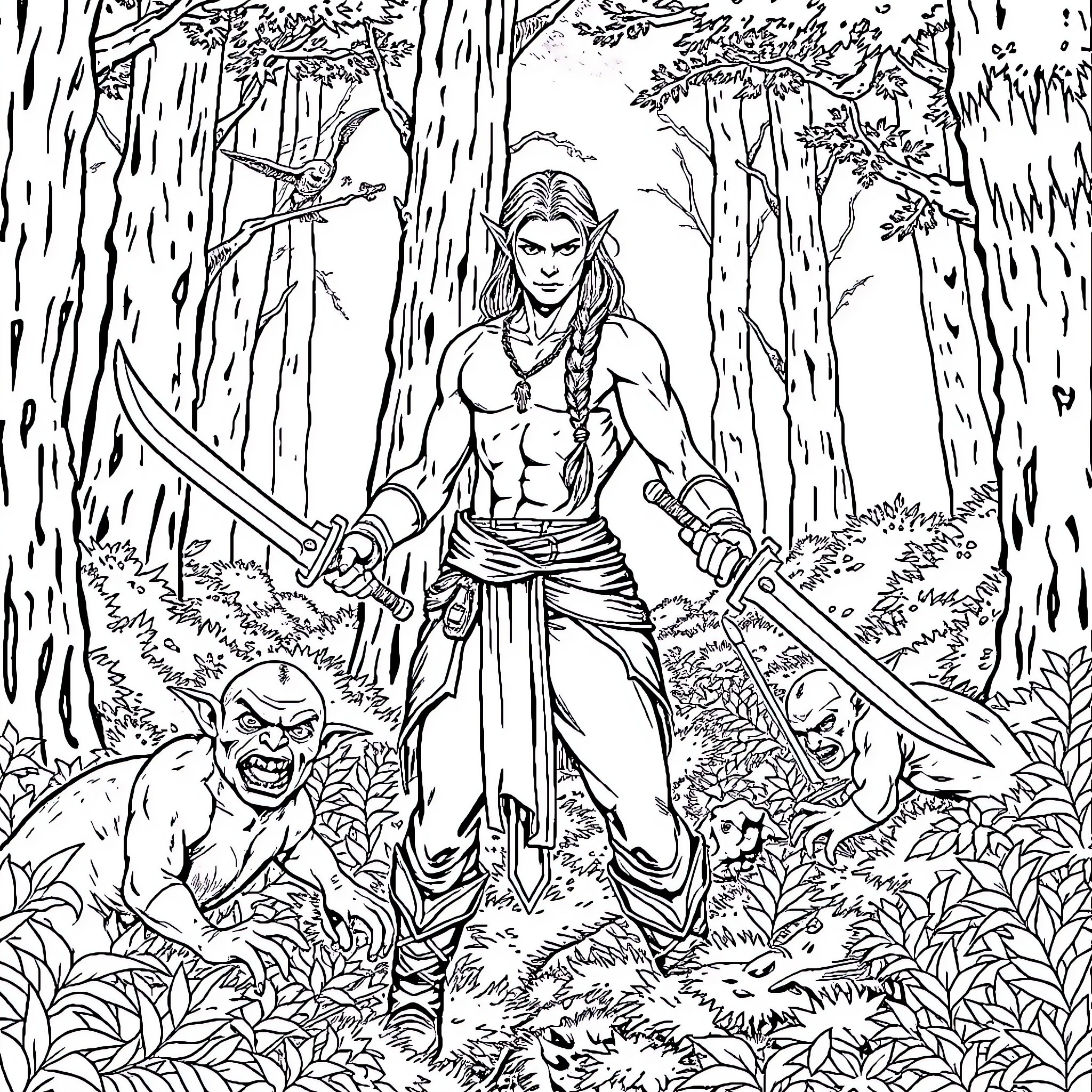 Woodelf warrior fighting enemies in the forest Coloring Page (free black-and-white line drawing printable PDF for all, from beginners to advanced learners, including children, teens, adults, and seniors)